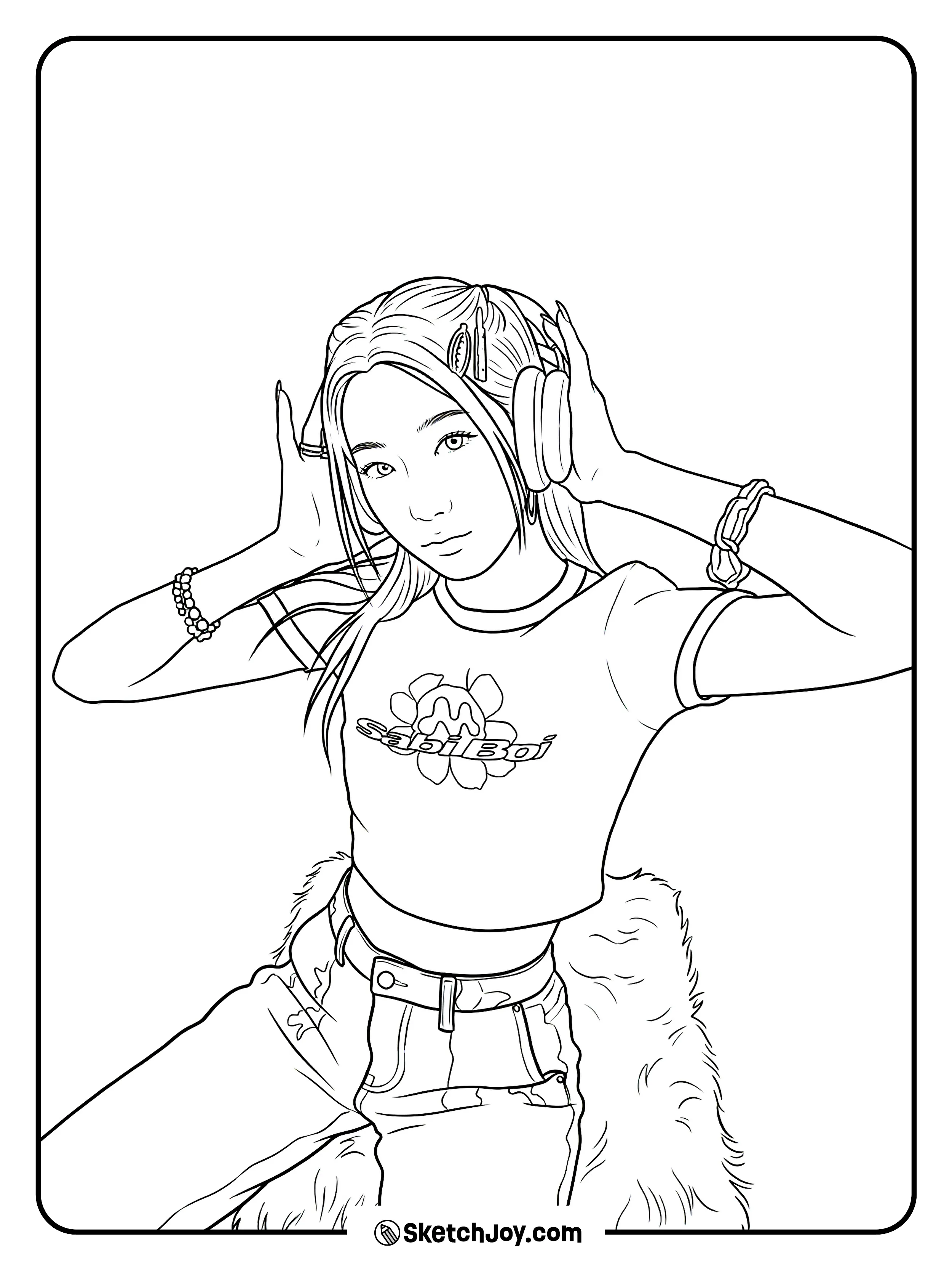 Kazuha wears big headphones and a cute tee while posing like she’s feeling the beat.