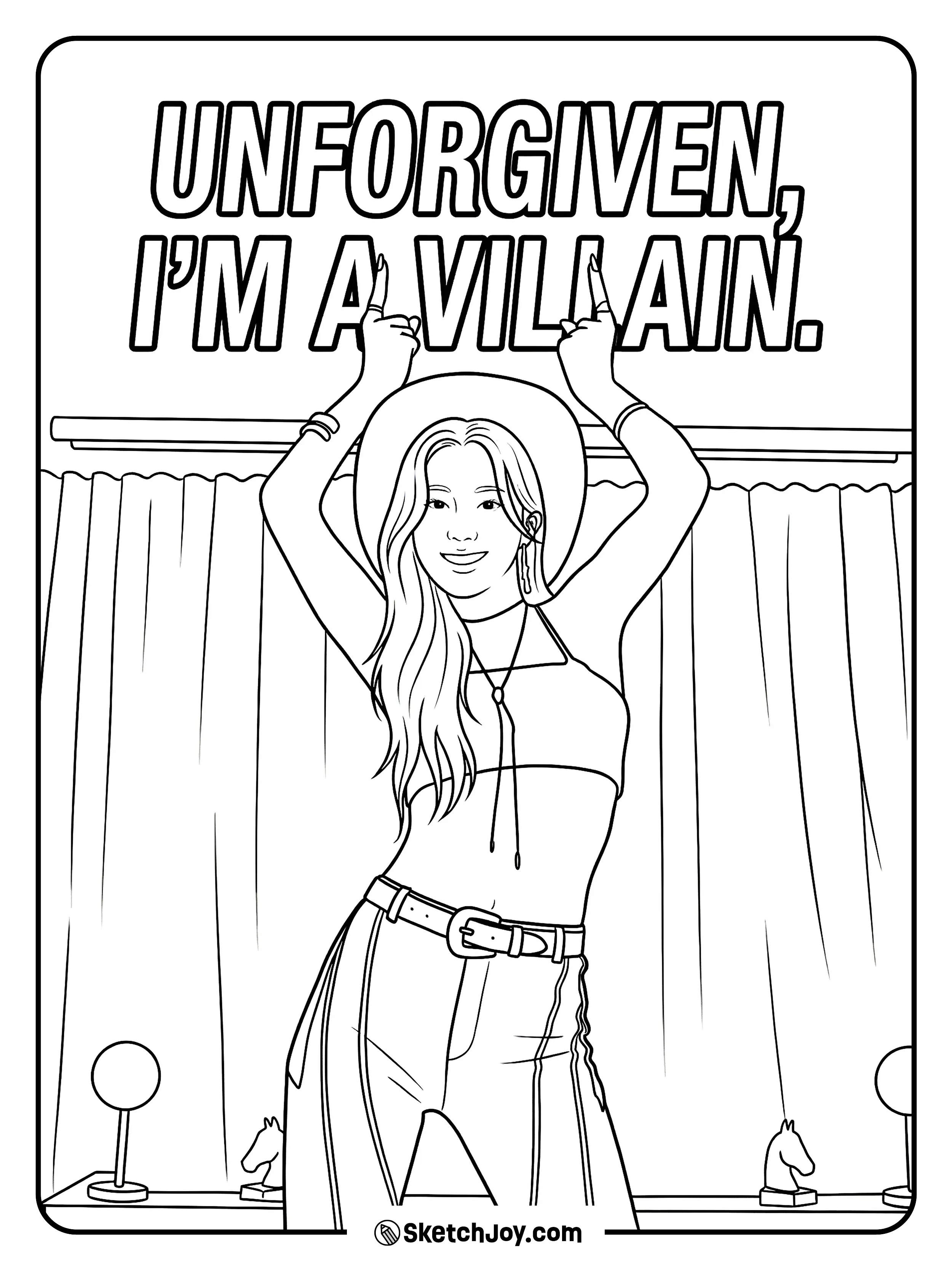 Kazuha poses with her arms up on stage, with bold “Unforgiven, I’m a villain” text above her.