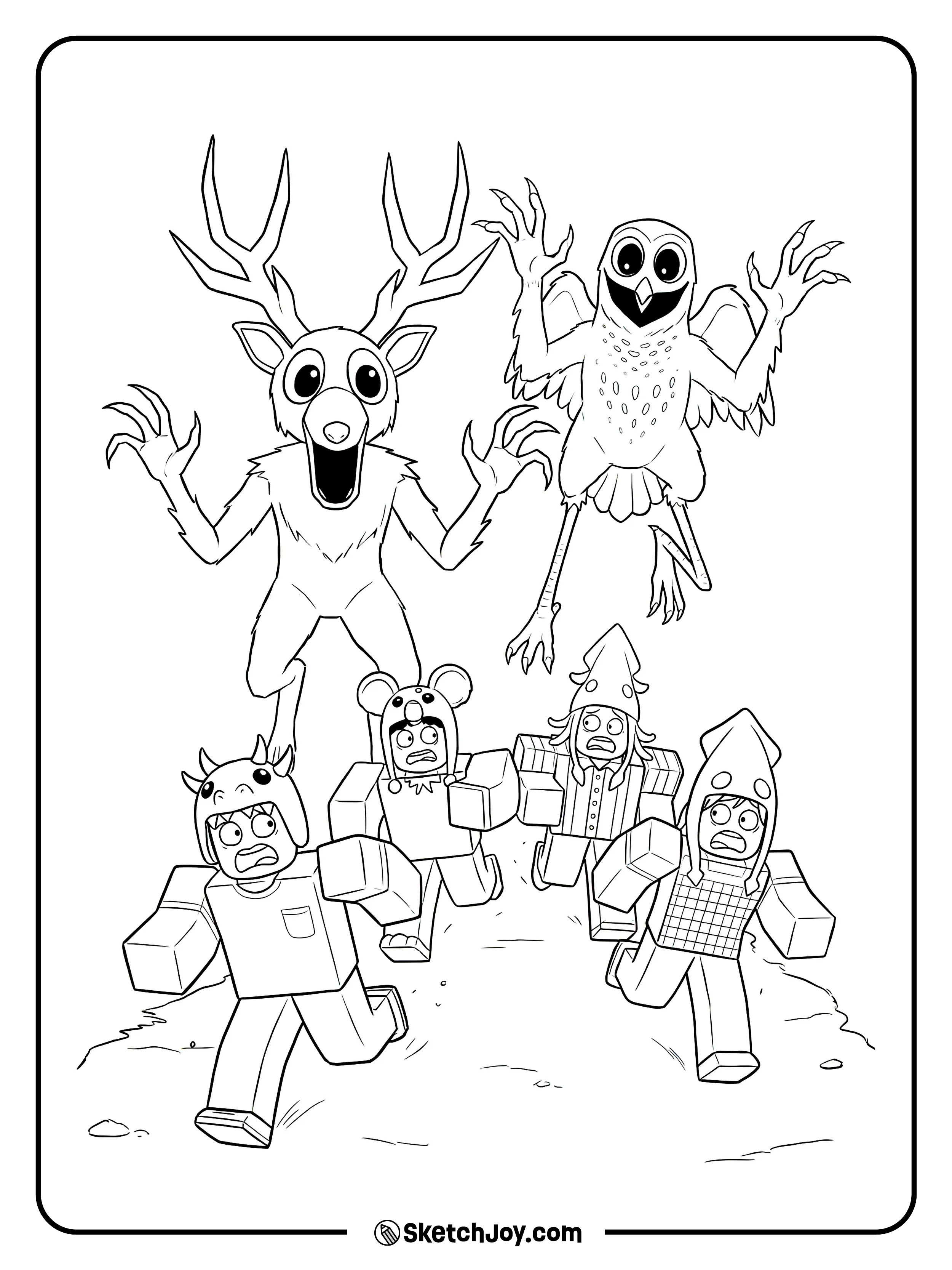 Scared kids run as The Deer and The Owl chase close behind.