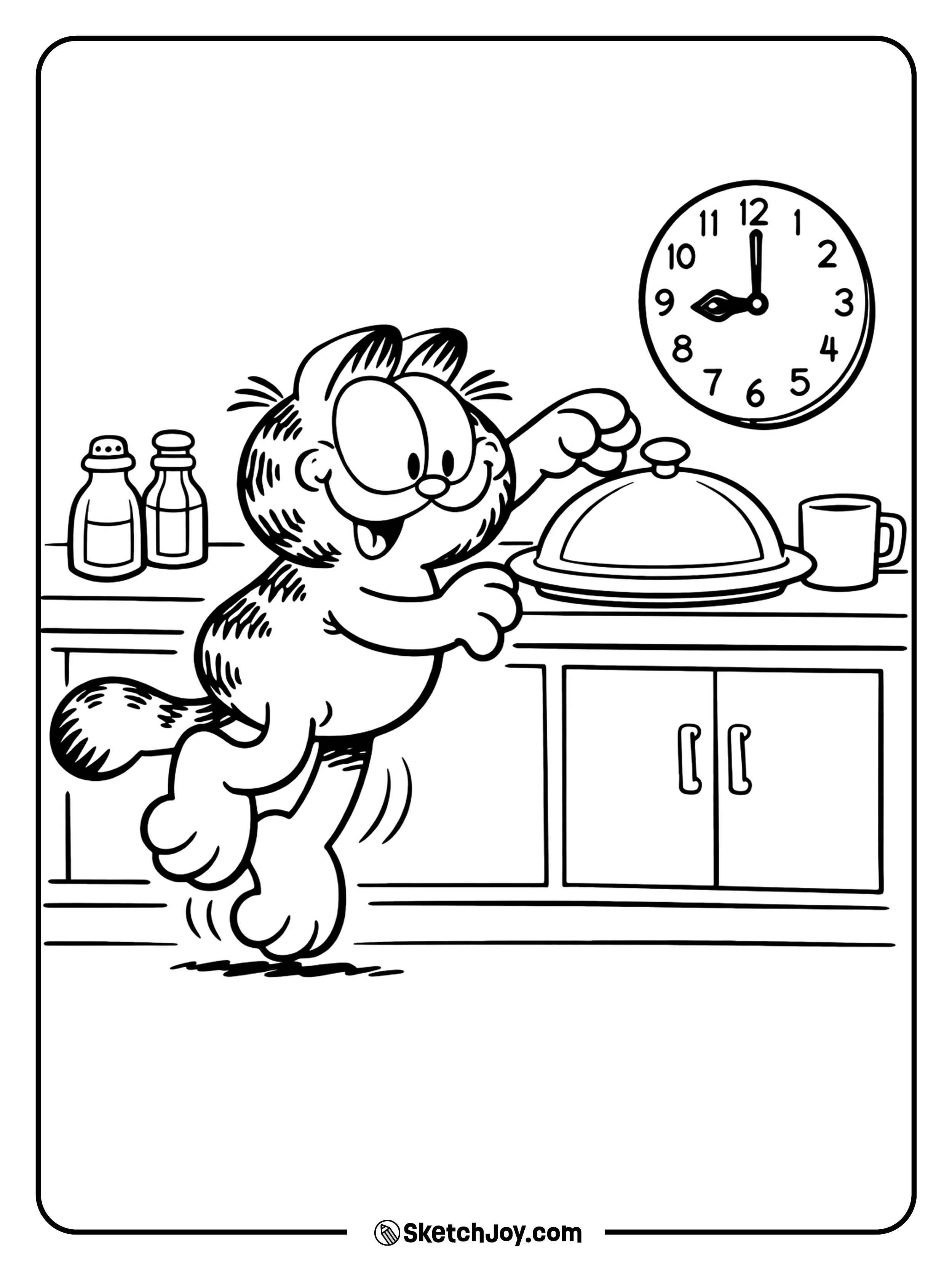 He reaches for food on the counter with a sneaky grin.