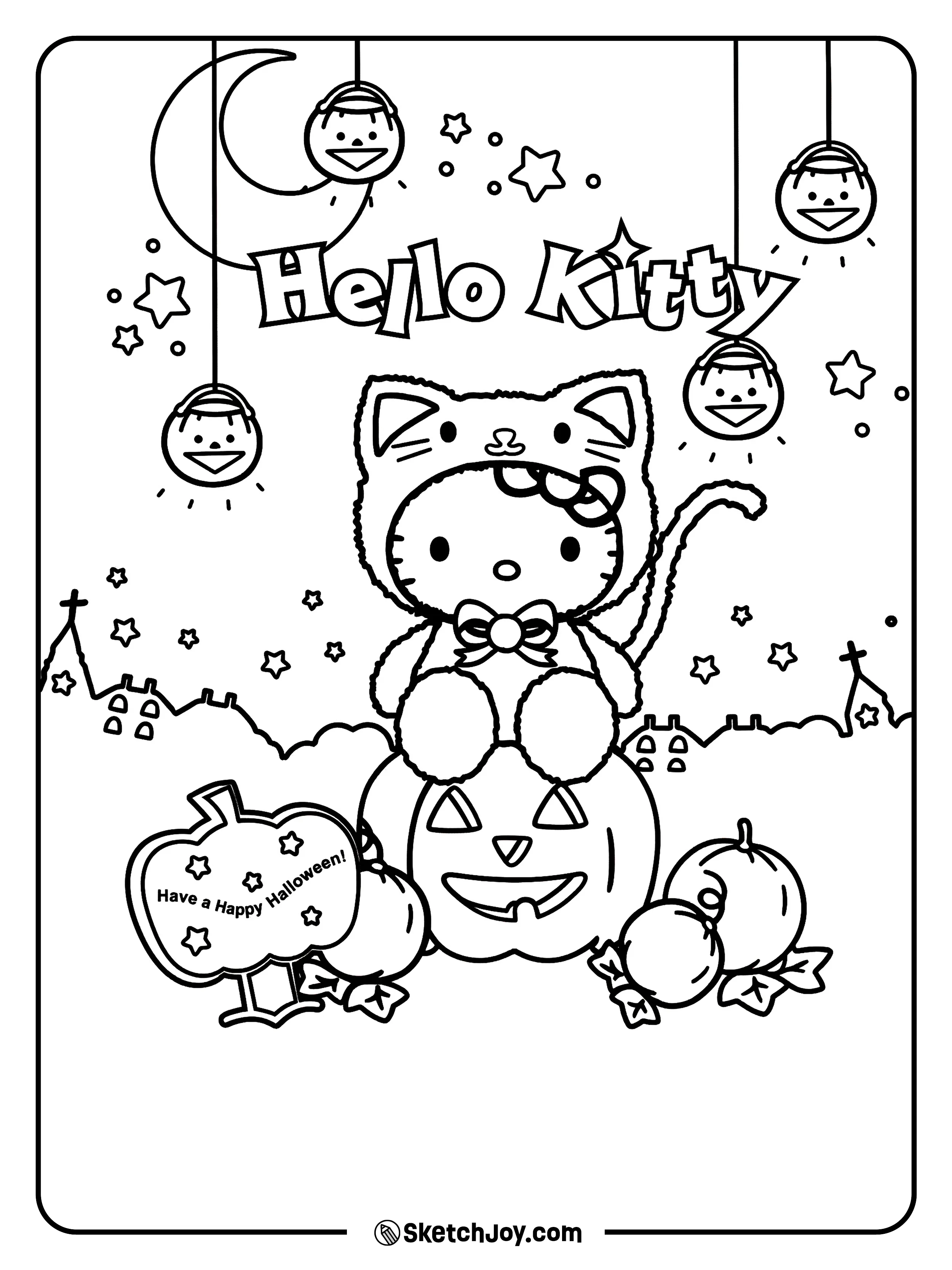 Hello Kitty sits on a big pumpkin under the moon with stars and hanging lanterns.