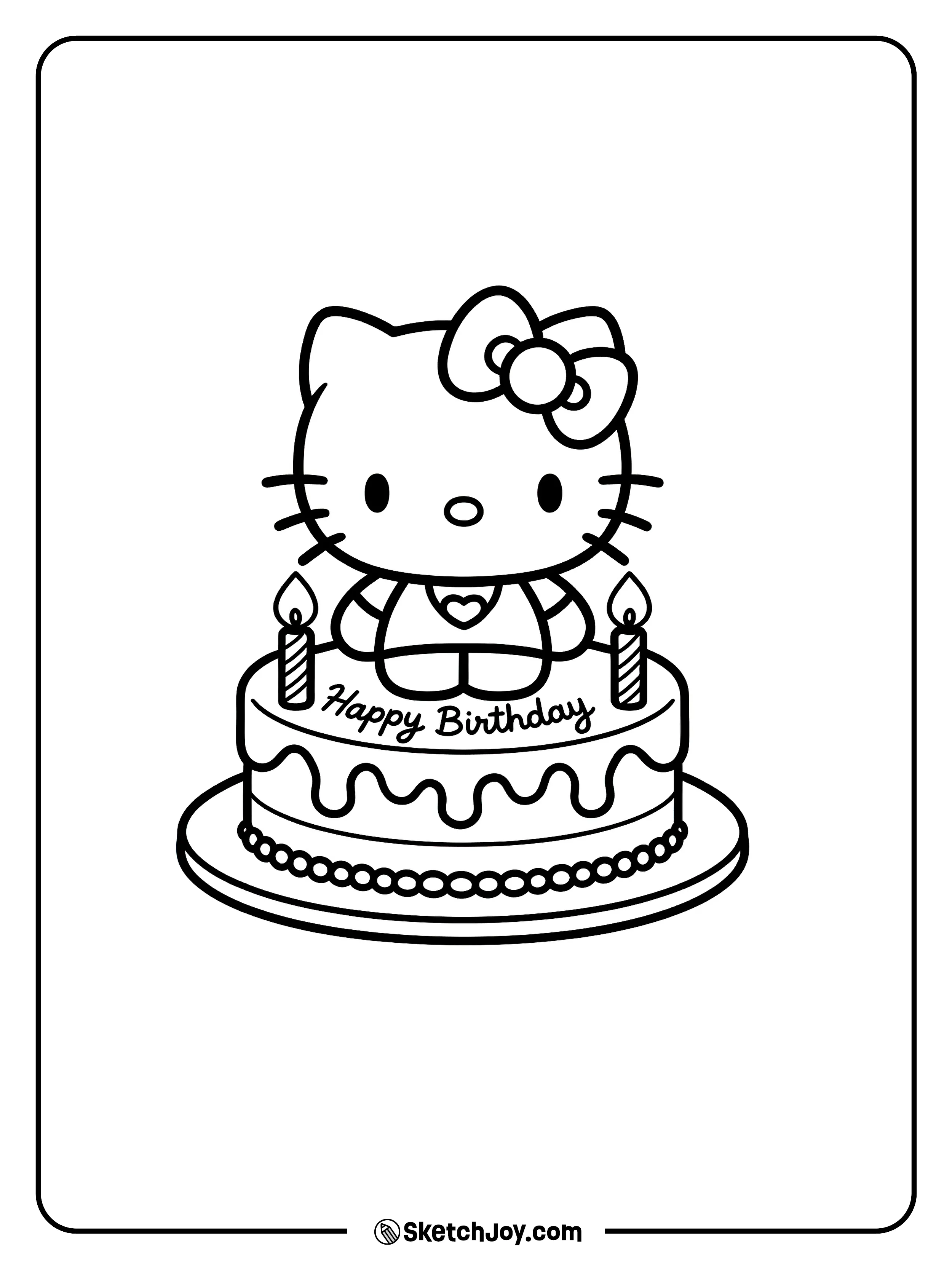 Hello Kitty stands on a birthday cake.