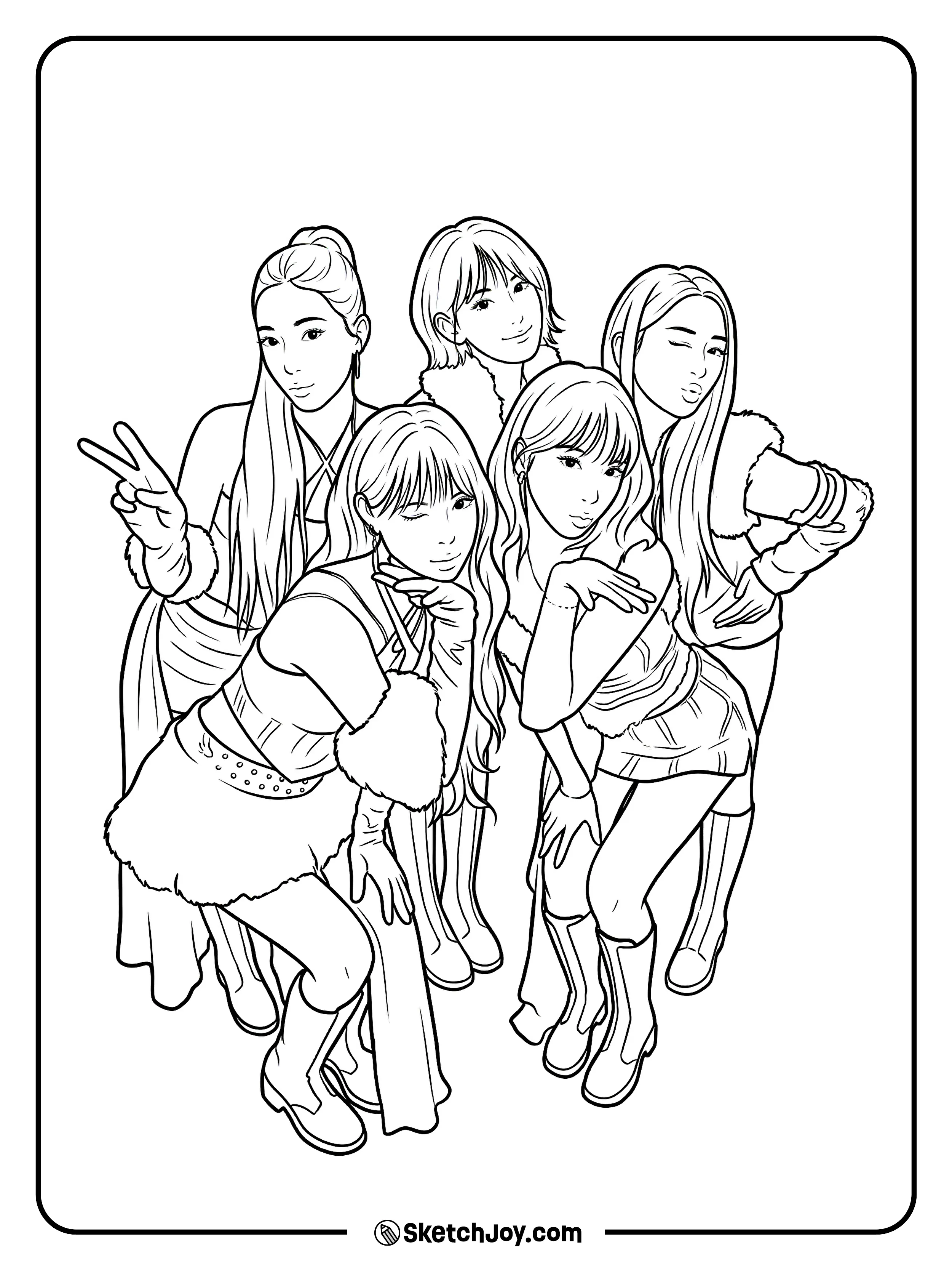 The full group poses together in fluffy stage outfits with playful winks and hand signs.