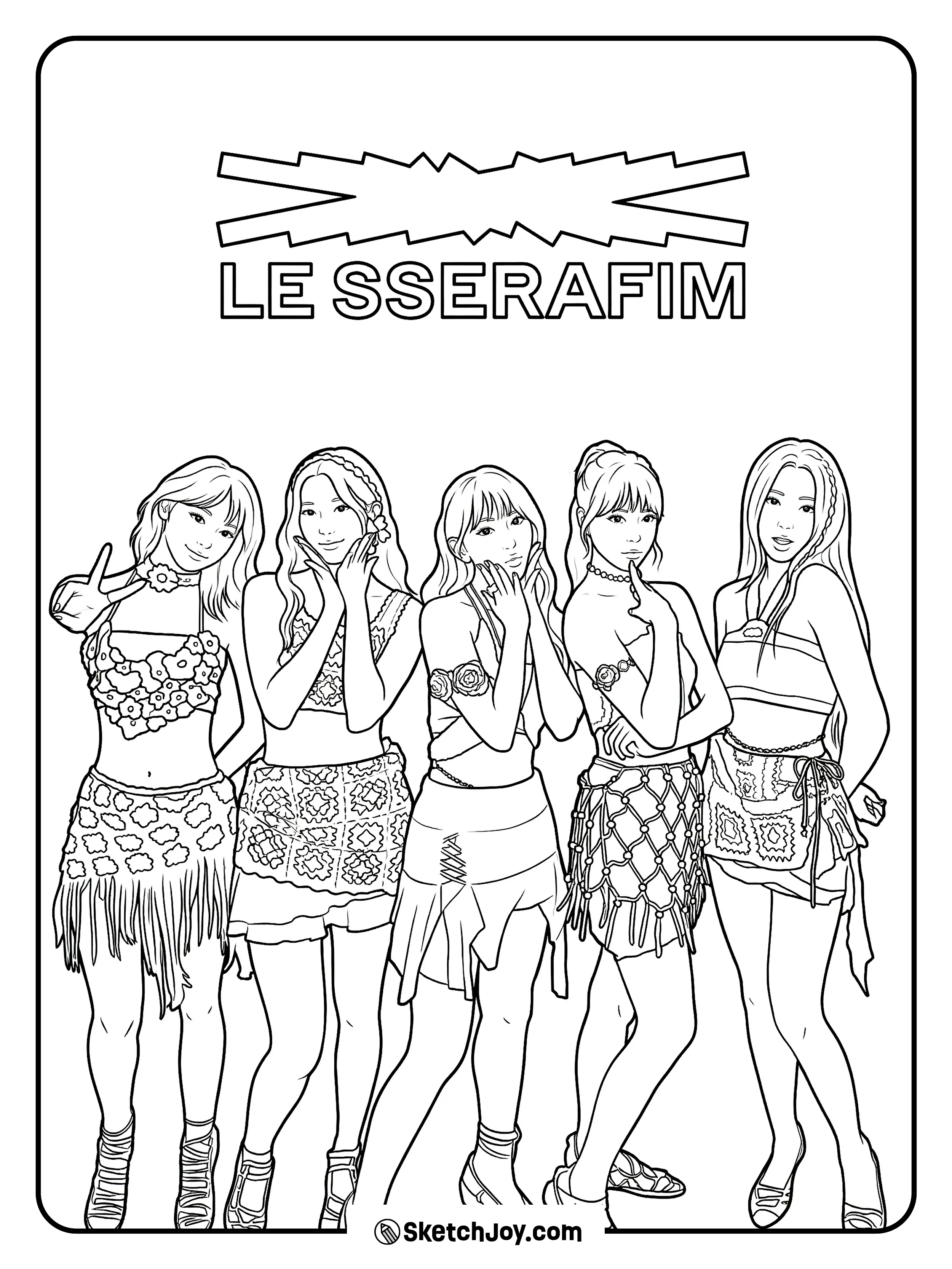 All five members stand in a row under the LE SSERAFIM logo, wearing detailed floral-style stage outfits.
