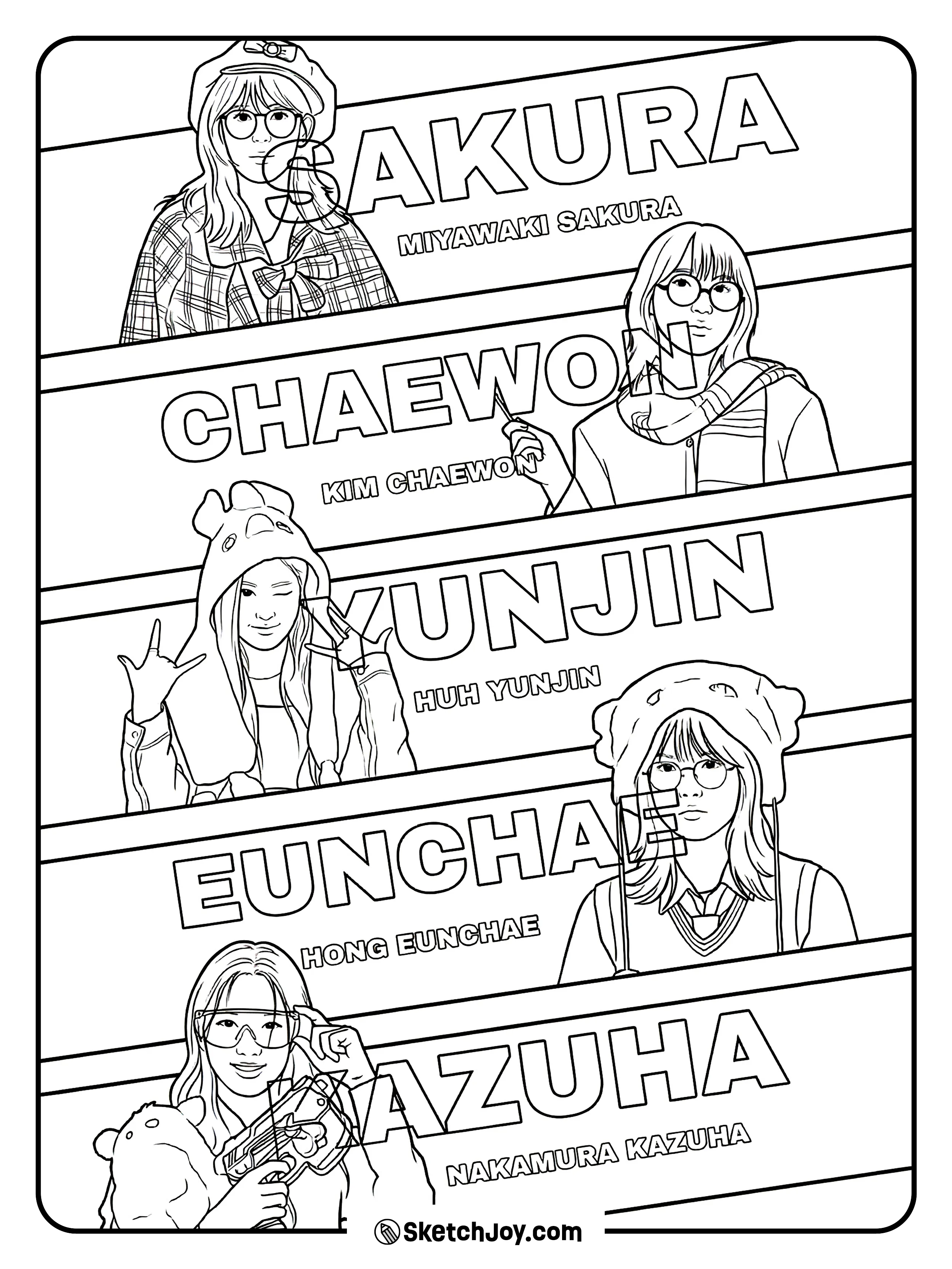 A clean page with Sakura, Chaewon, Yunjin, Eunchae, and Kazuha shown in big name banners with their portraits.