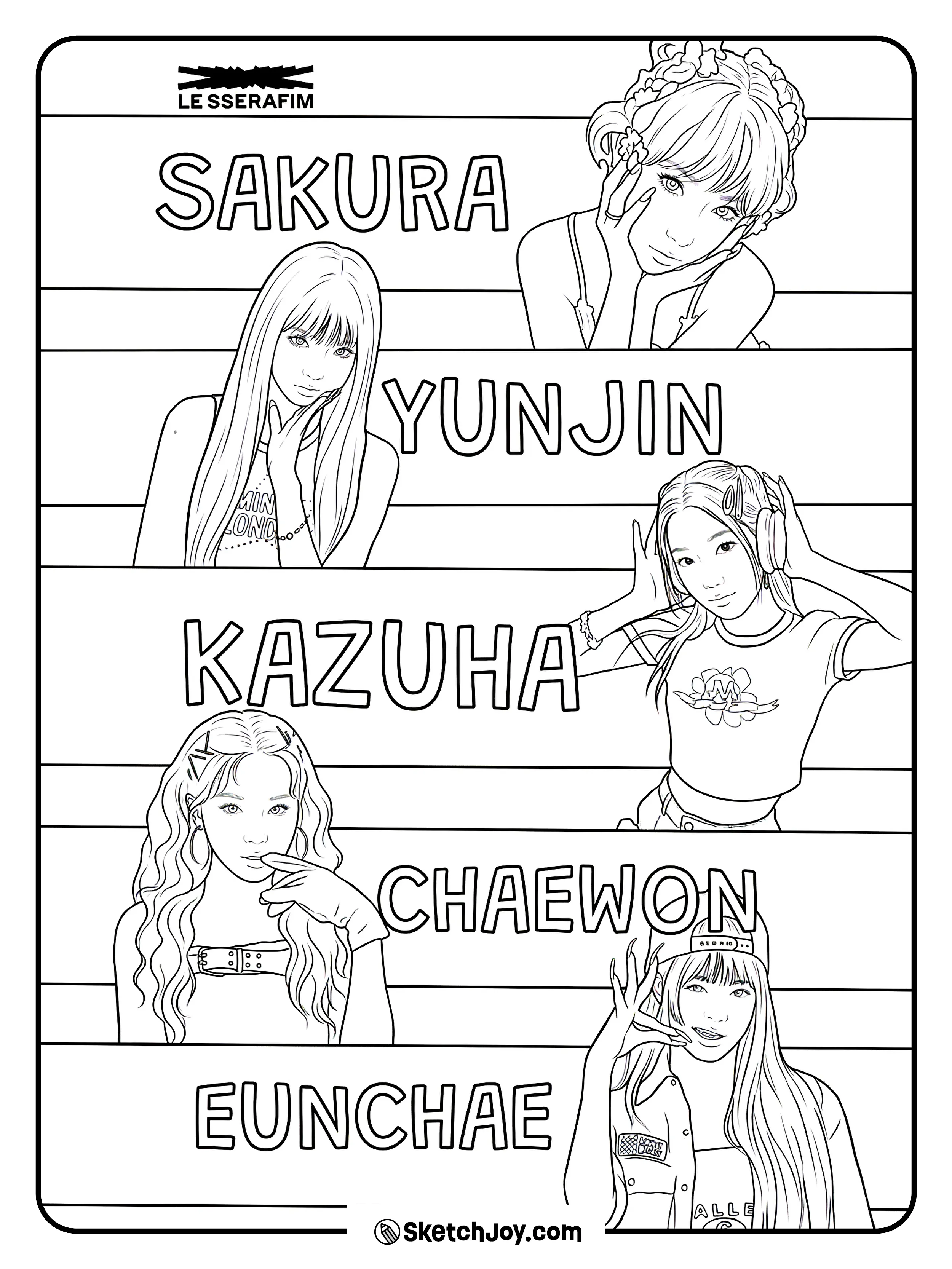 A bold lineup page showing Sakura, Yunjin, Kazuha, Chaewon, and Eunchae.