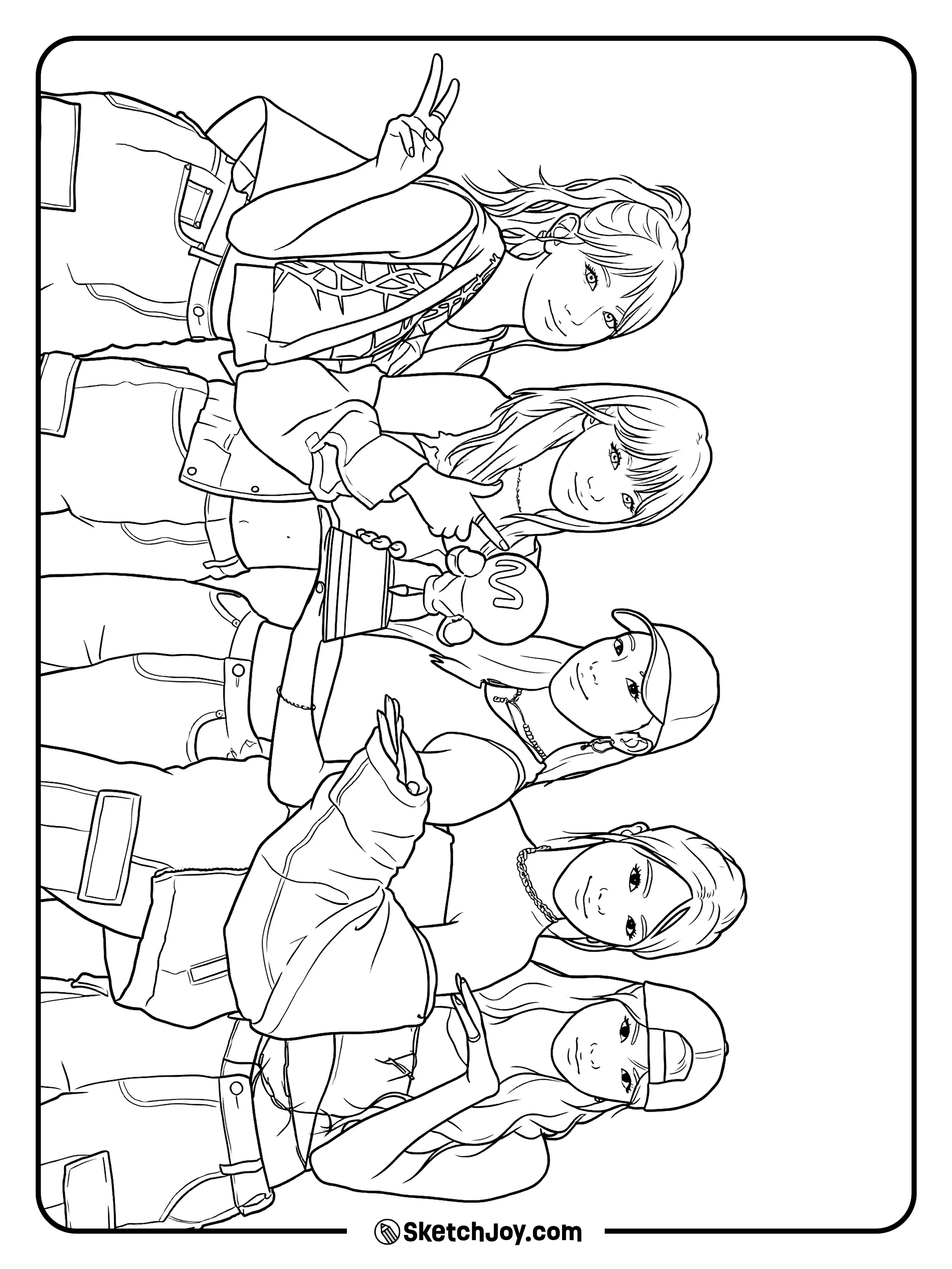 The five members stand together in sporty outfits, holding a cute trophy and making fun hand signs.