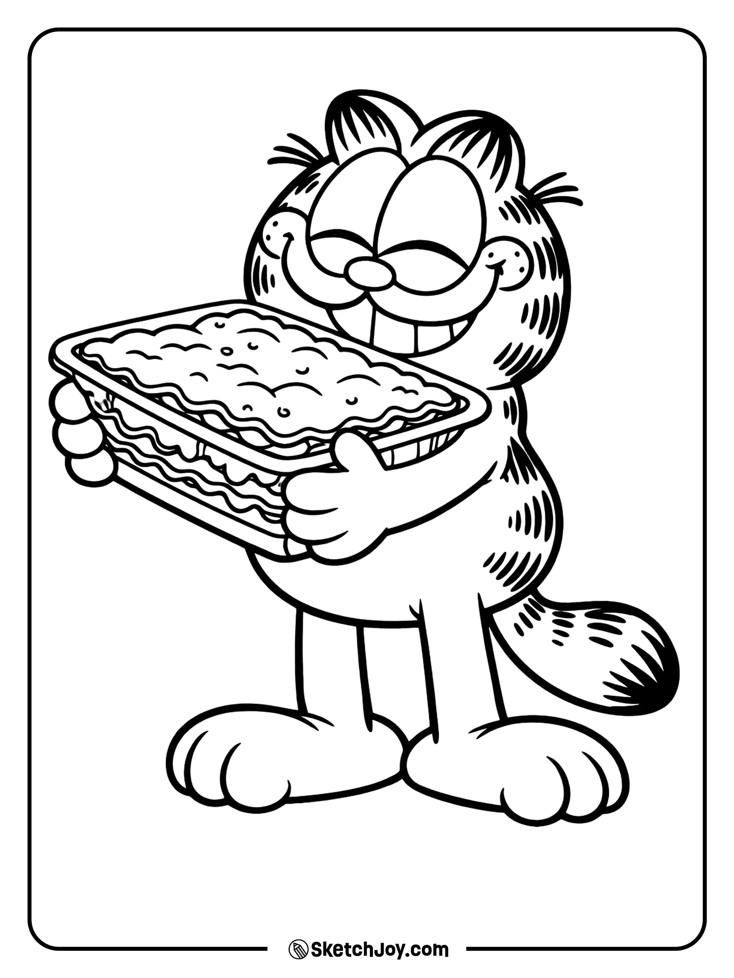 He hugs a big lasagna tray with the biggest grin.