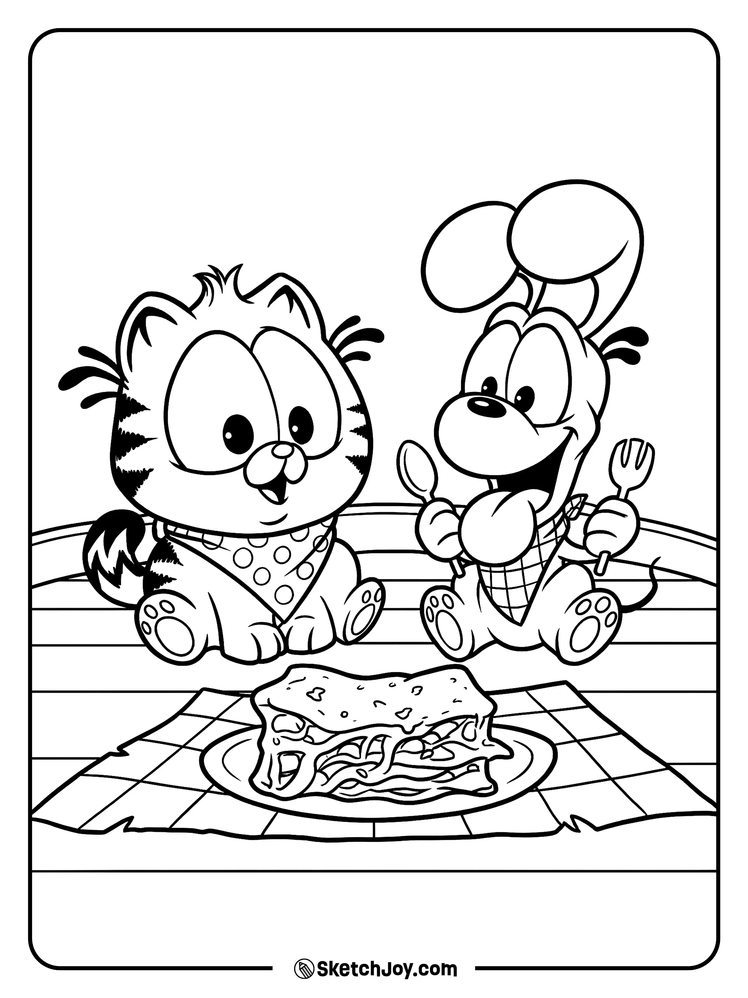 A little kitty and Odie sit by a big lasagna on a picnic blanket.