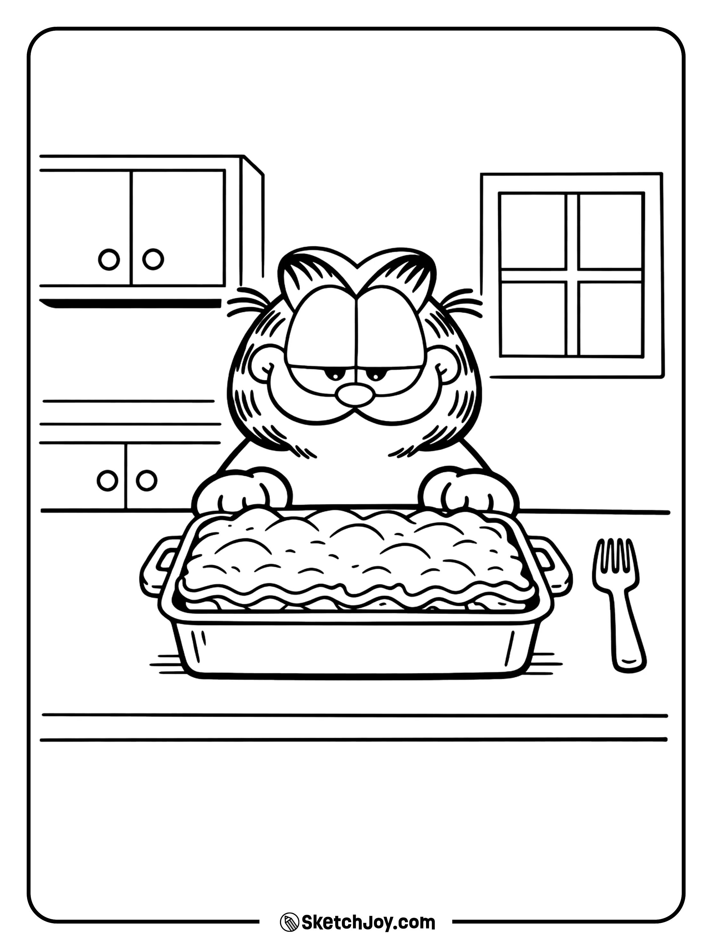 Garfield sits at the table ready to dig in.