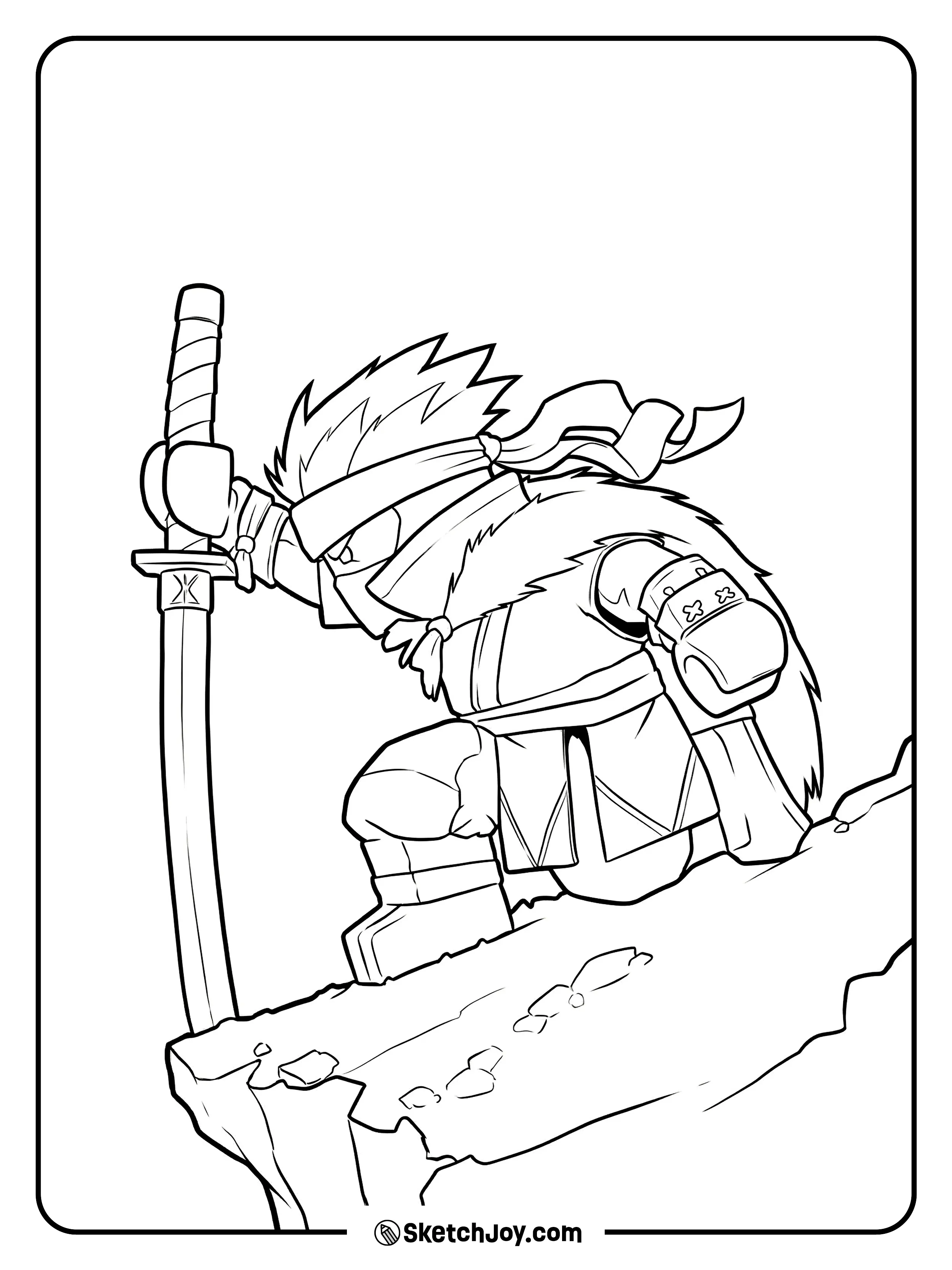 A ninja kneels by his sword on a cliff edge, taking a calm pause.