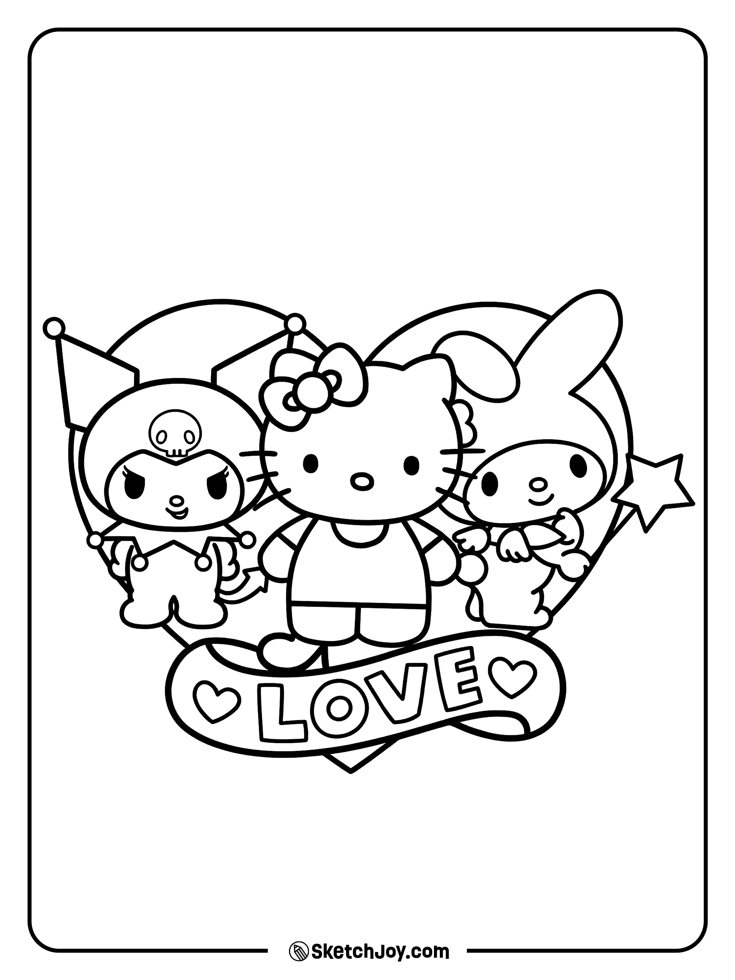 Hello Kitty stands with Kuromi and My Melody above a love banner with little hearts.