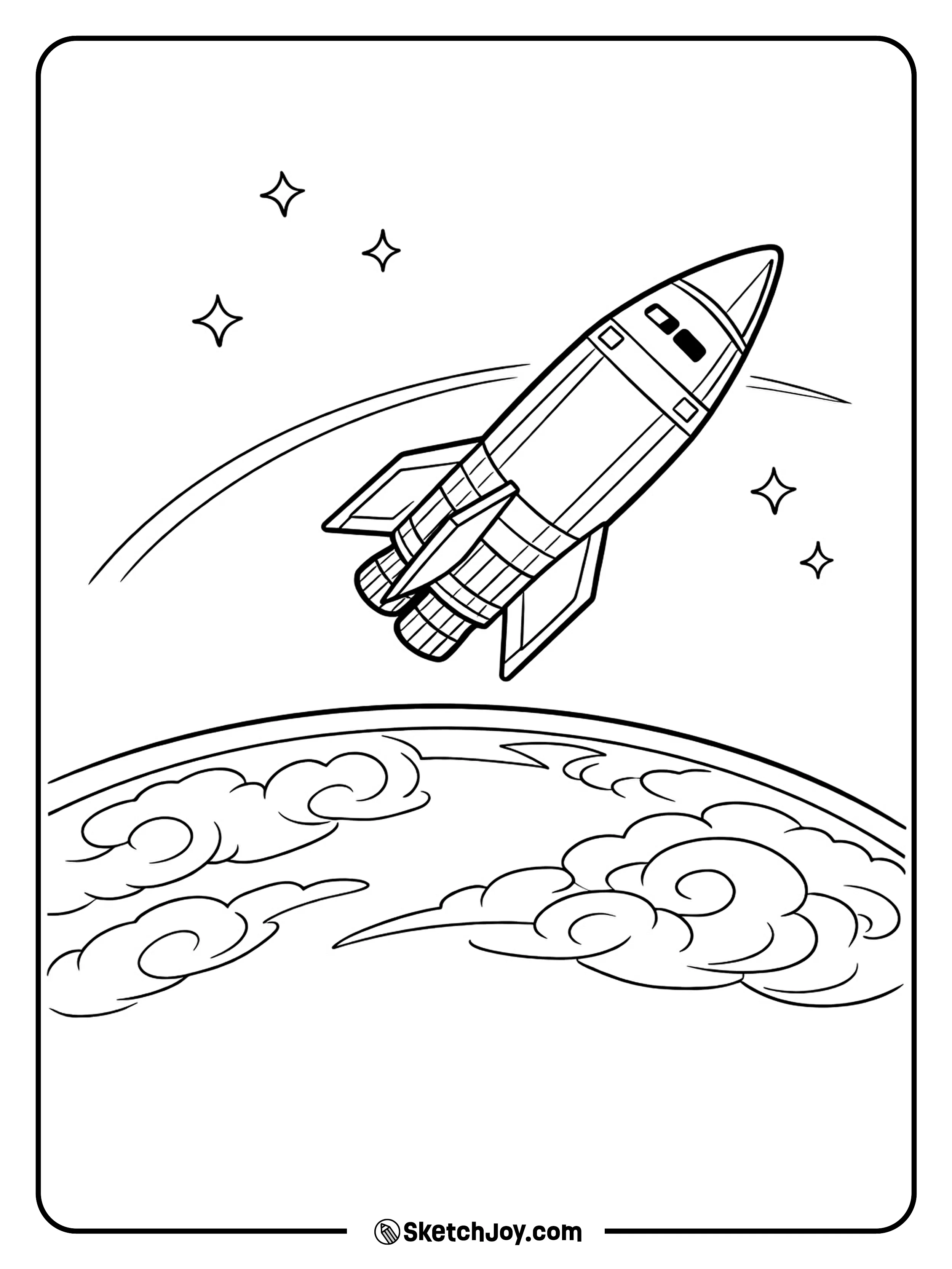 A sleek space ship glides above Earth with a thin path line.