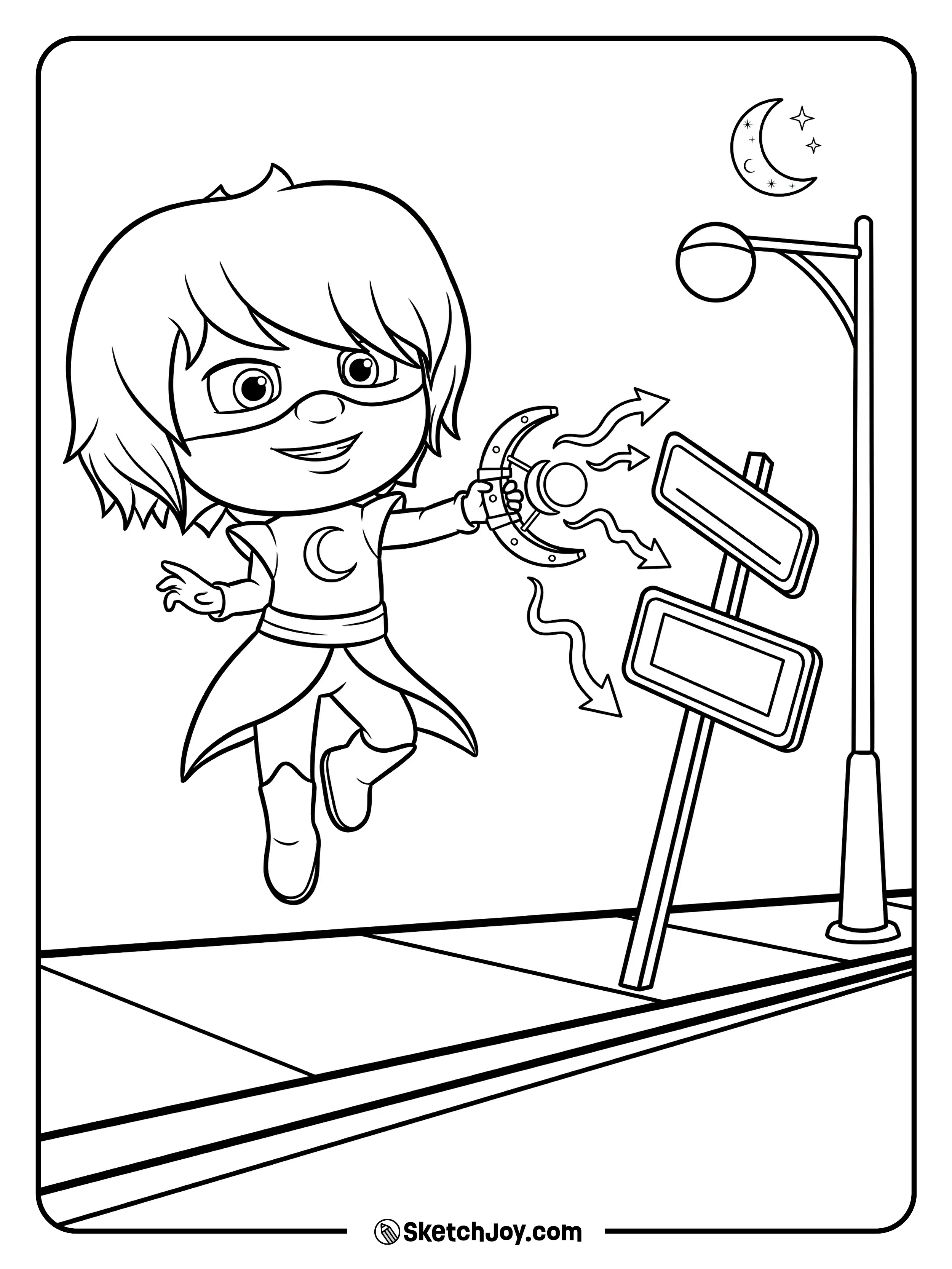 Luna Girl pulls street signs with her moon magnet.