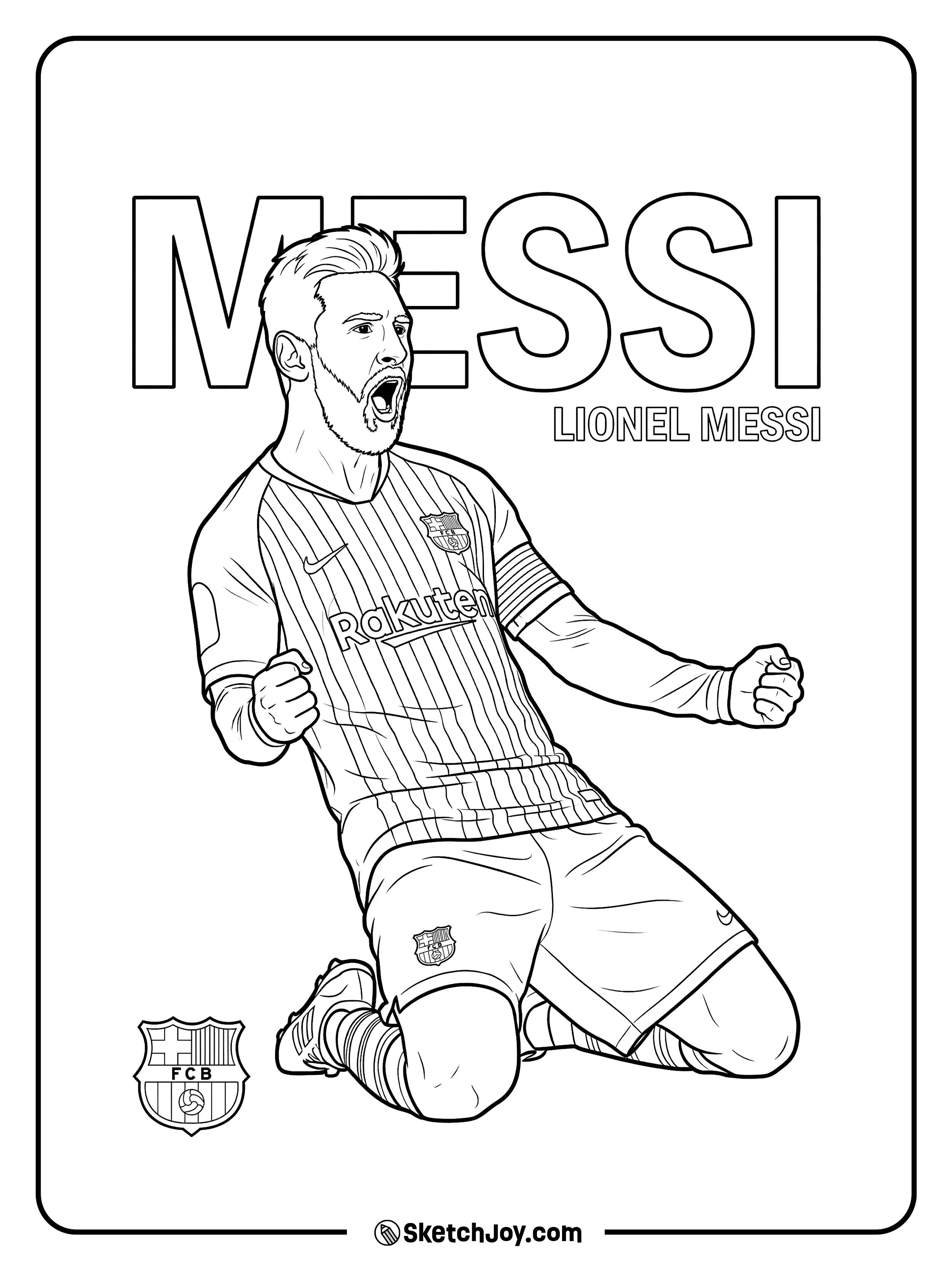 Messi knee-slide celebration in a Barça kit with big MESSI text.