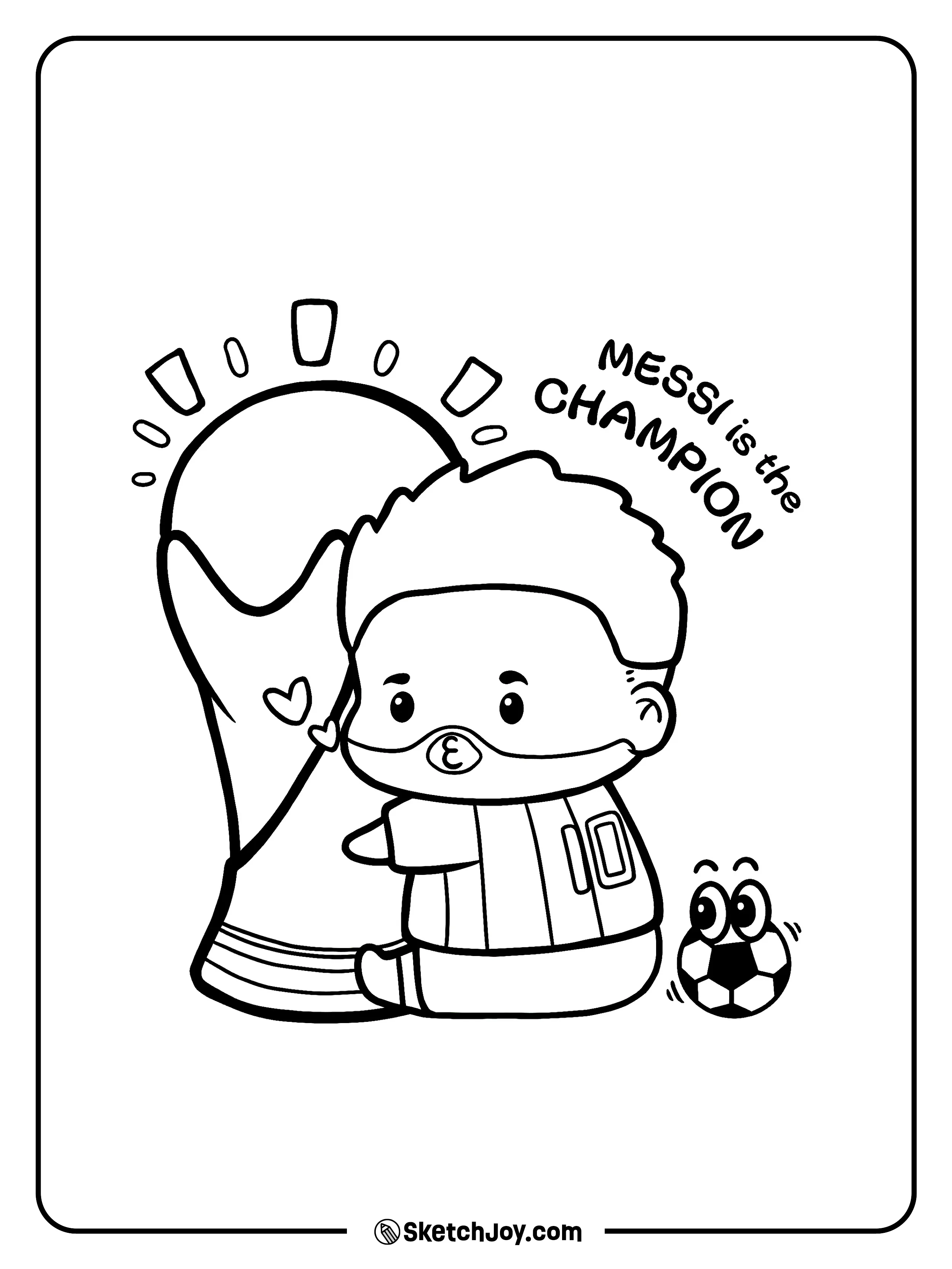 Cute chibi Messi scene with trophy, hearts, and a funny ball face.