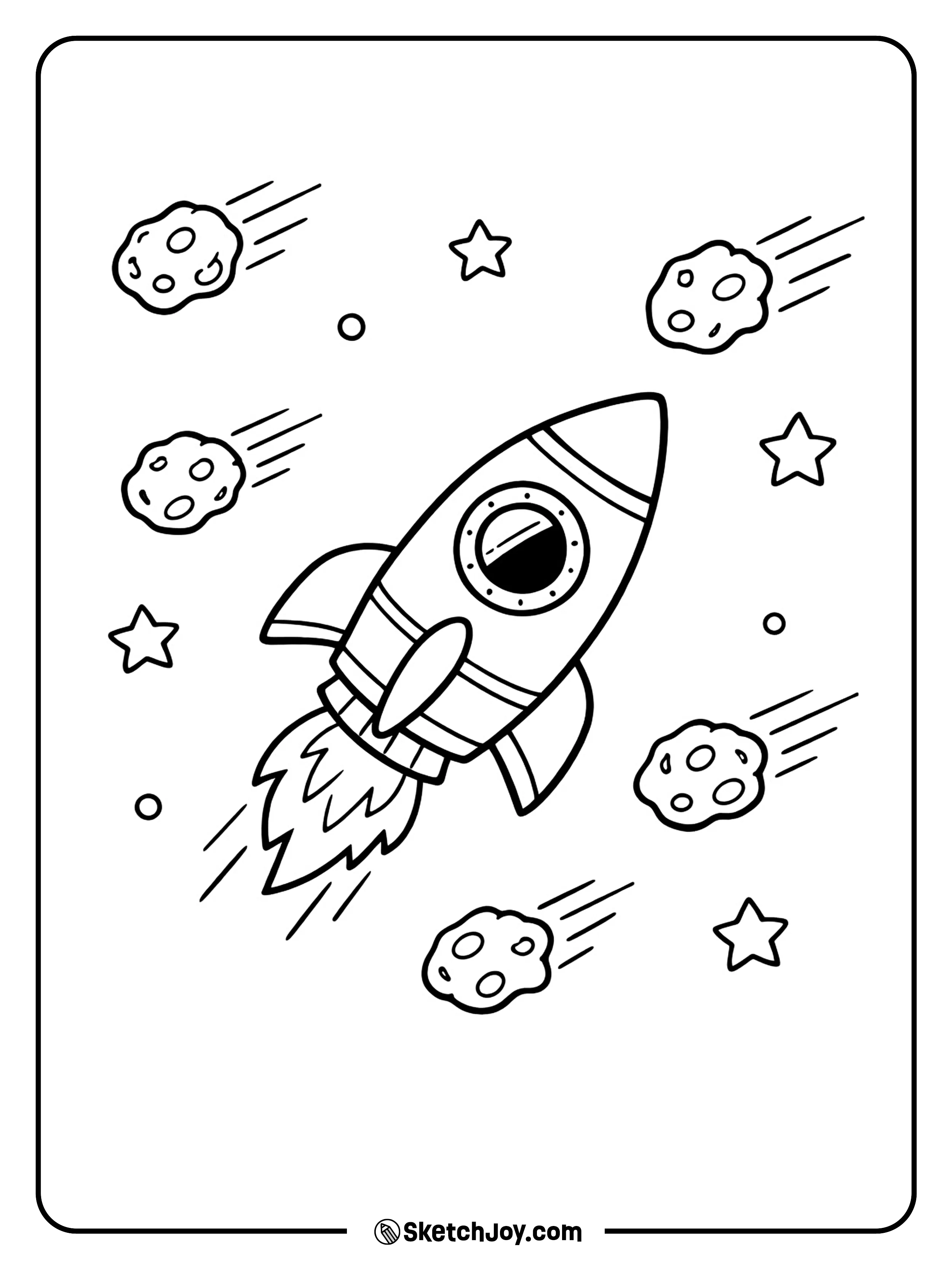 A space ship flies while a few meteors pass by.