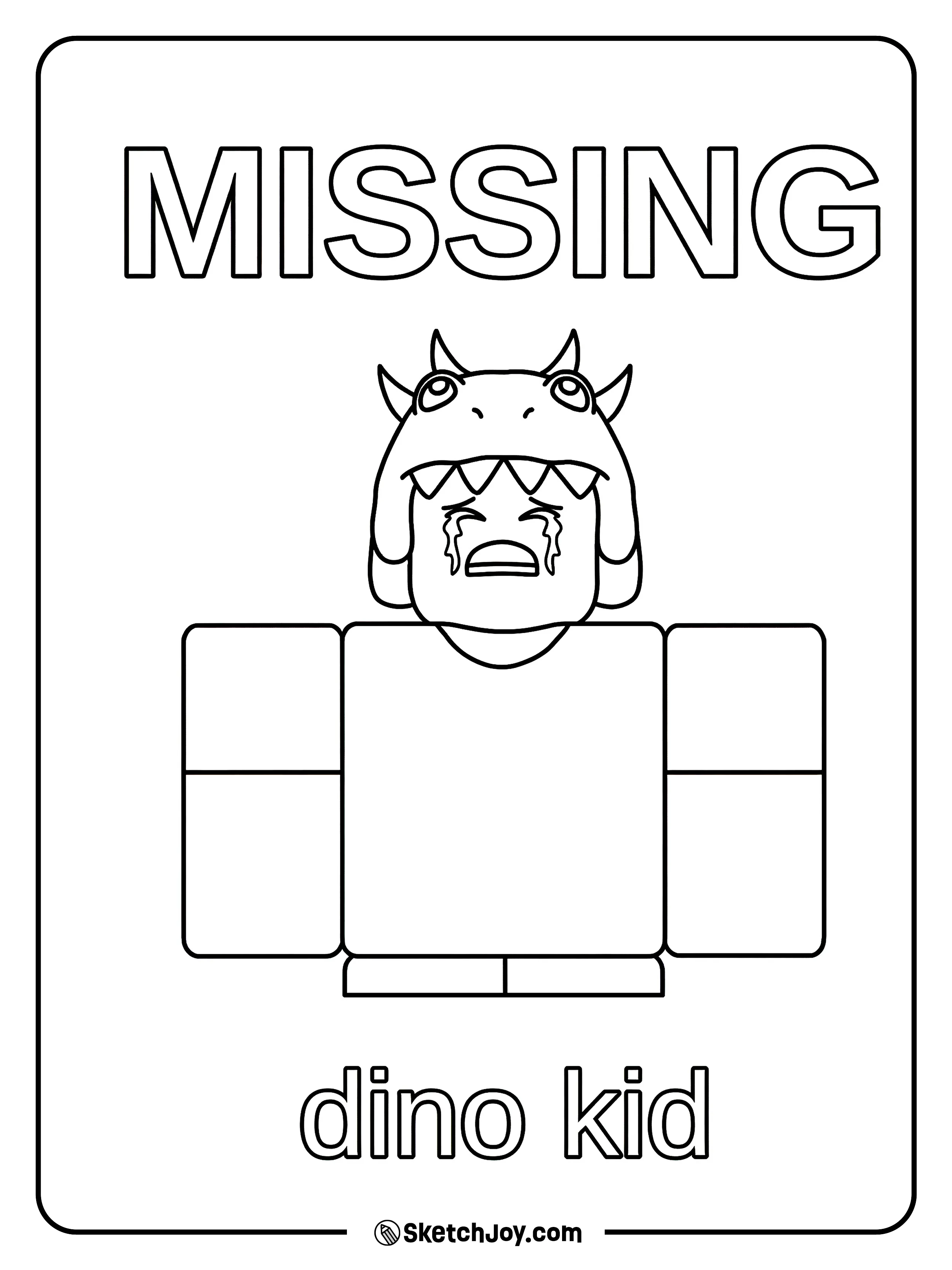 A missing poster shows the Dino Kid crying.