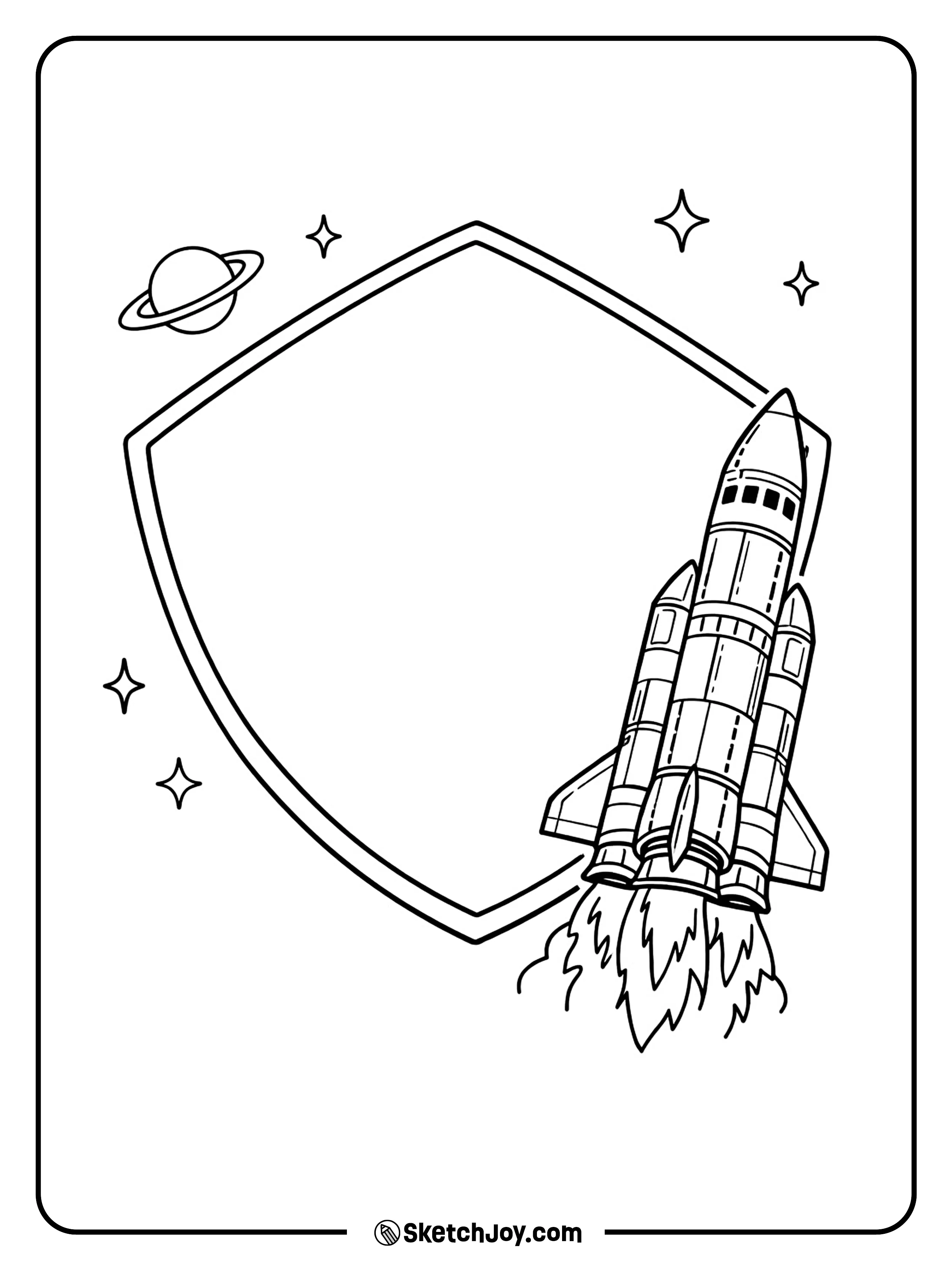A space ship appears next to a large mission patch shape.