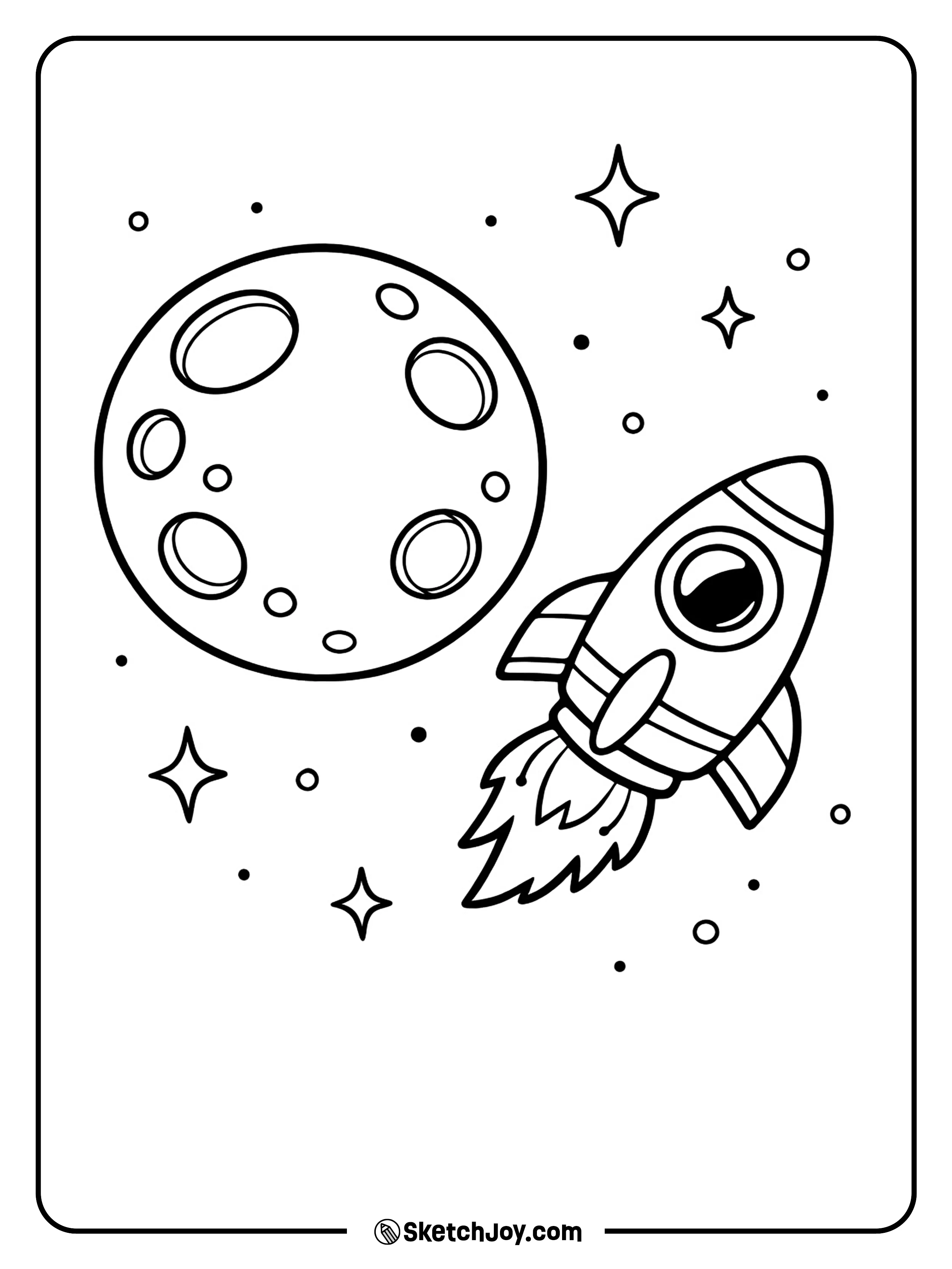 A space ship passes the moon with a few craters and stars.