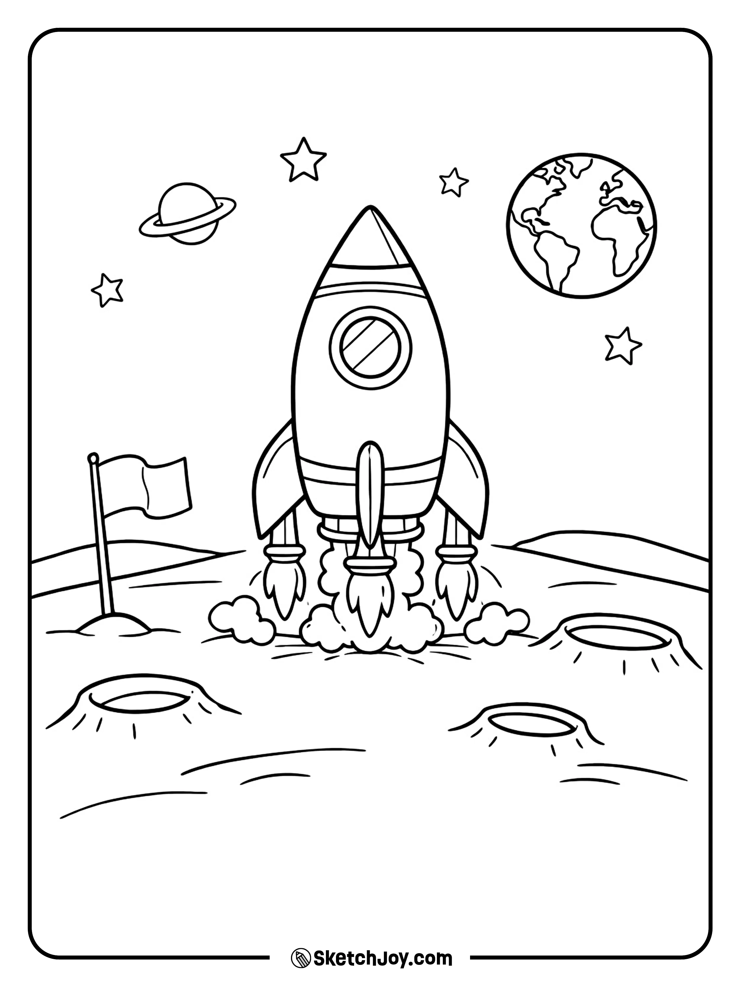 A space ship lands on the moon next to a small flag.