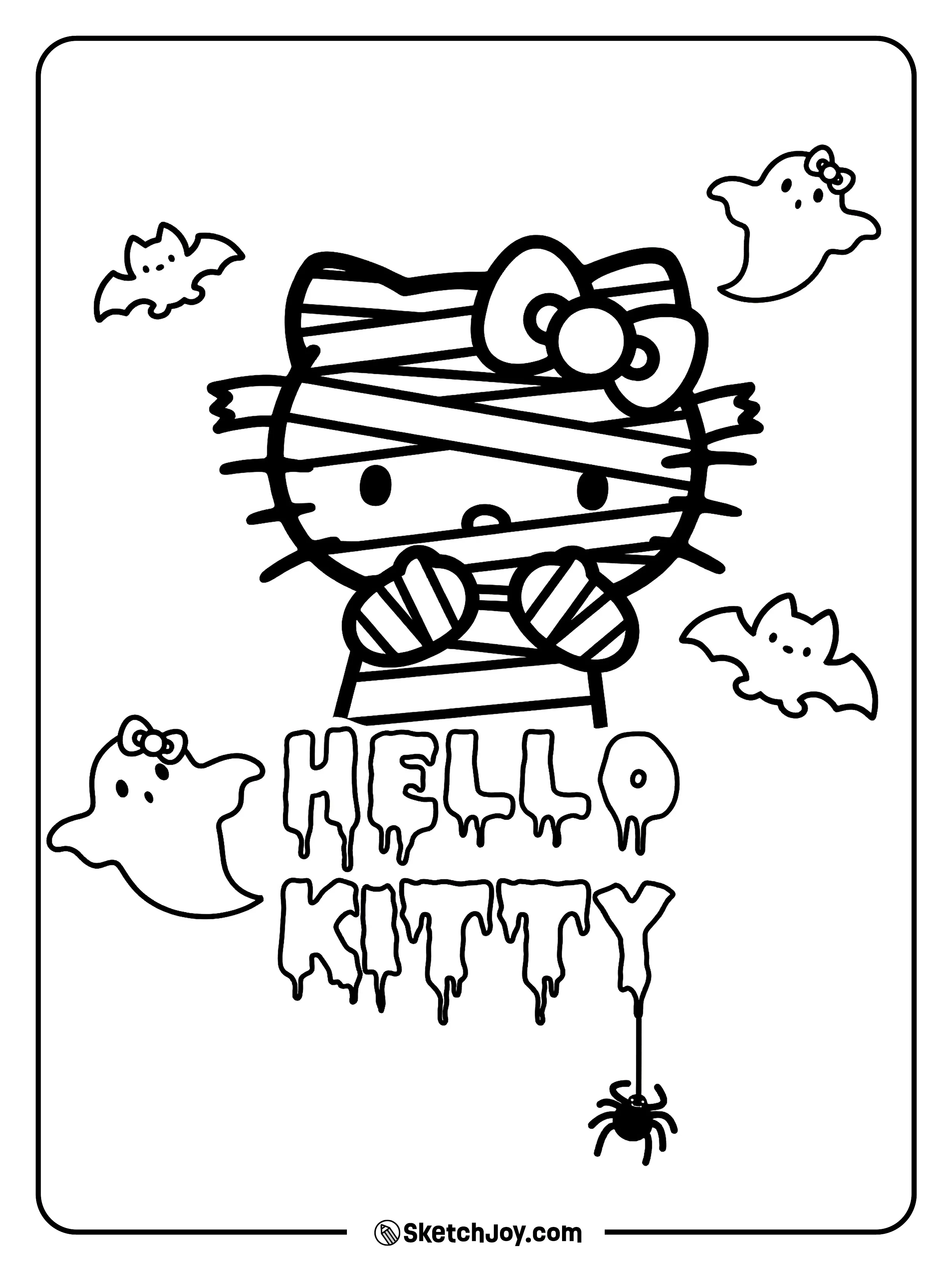 Hello Kitty is wrapped like a mummy with friendly ghosts and bats around her.