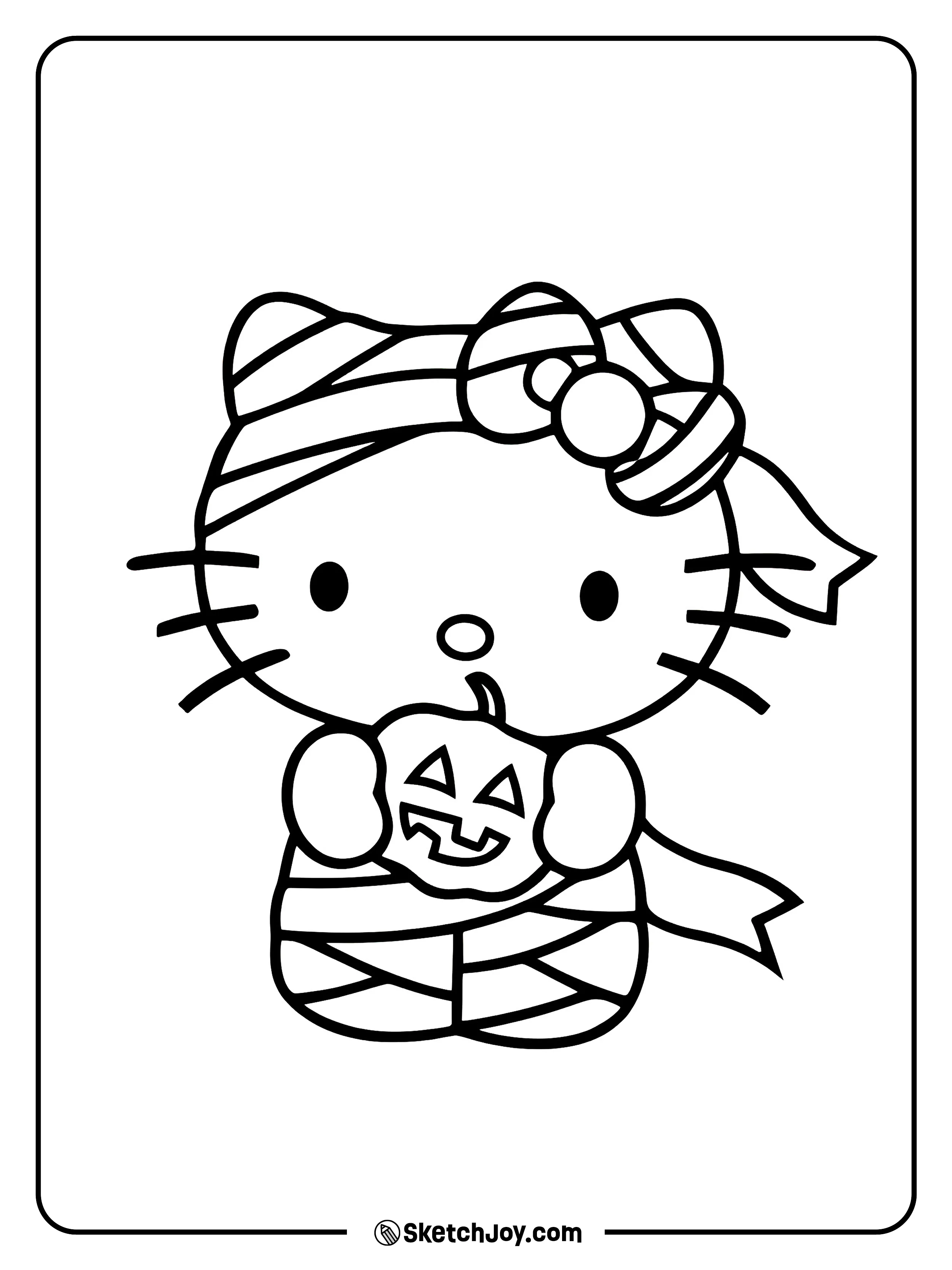 Hello Kitty is wrapped up and holds a tiny pumpkin with a silly face.