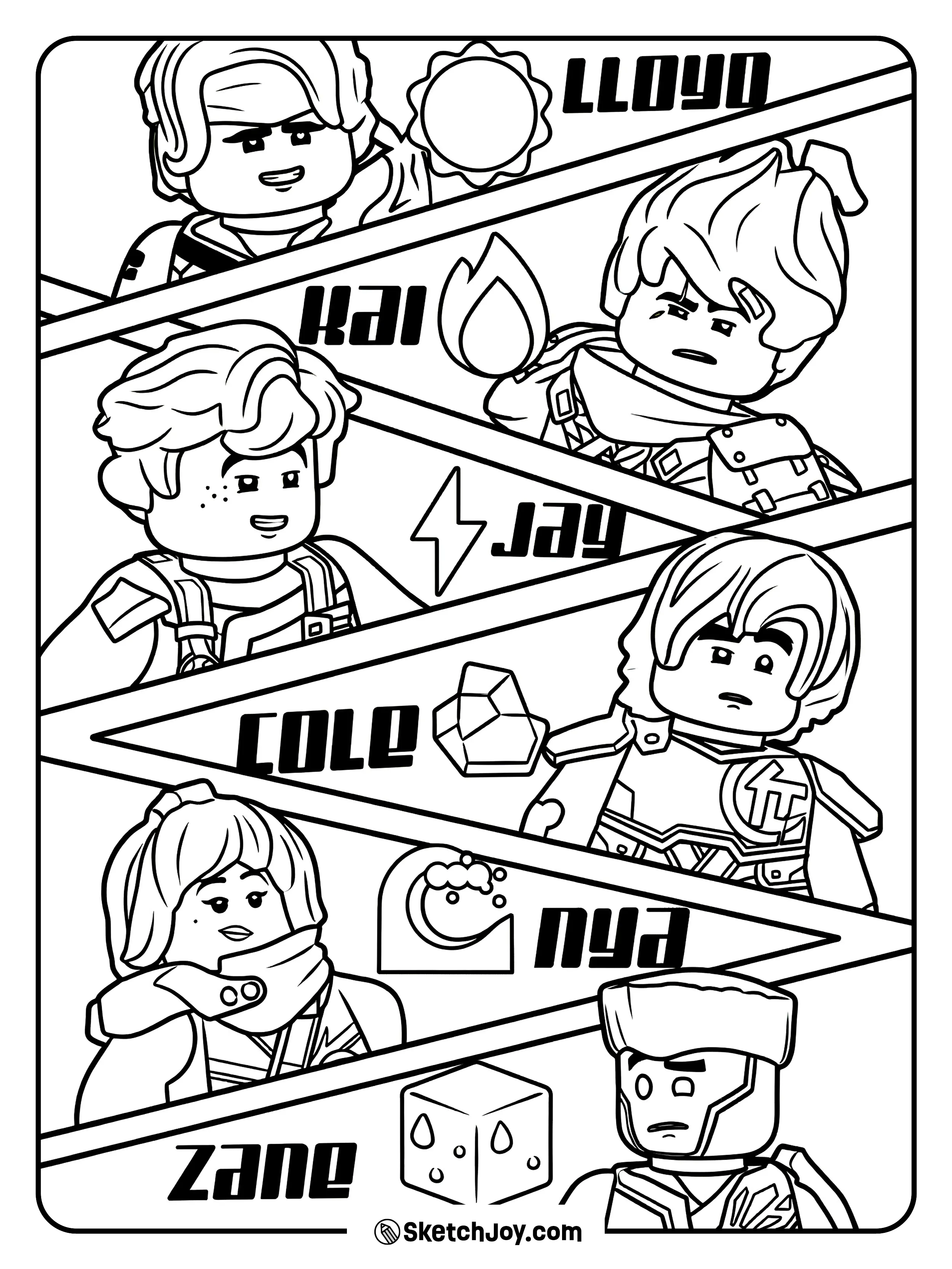 A bold poster showing Lloyd, Kai, Jay, Cole, Nya, and Zane with their symbols.