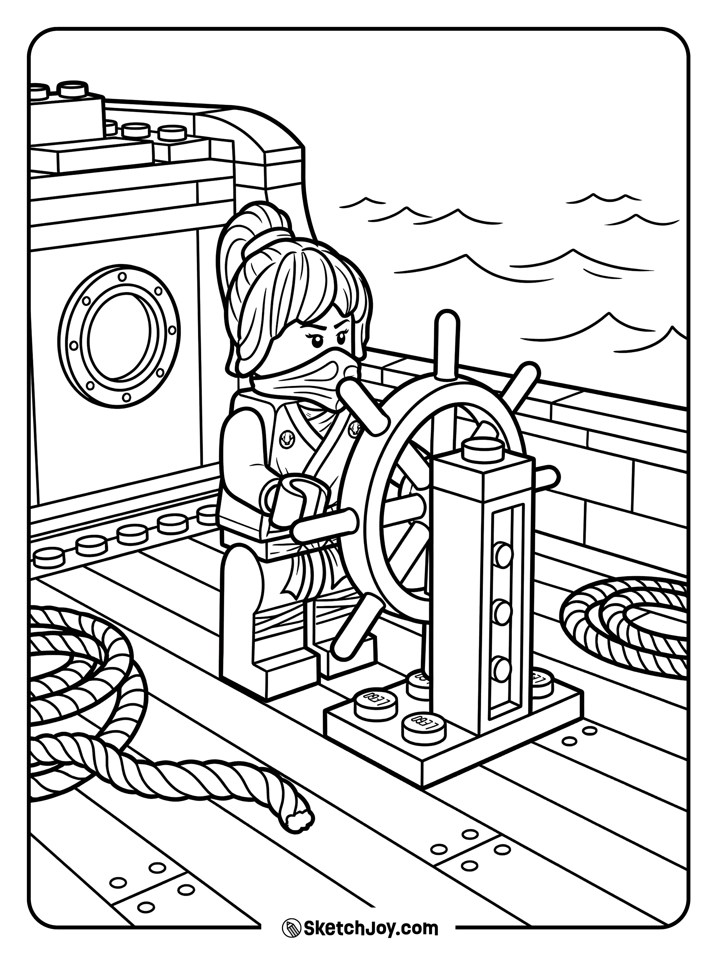 Nya stands on a ship deck with simple ropes and a wheel.