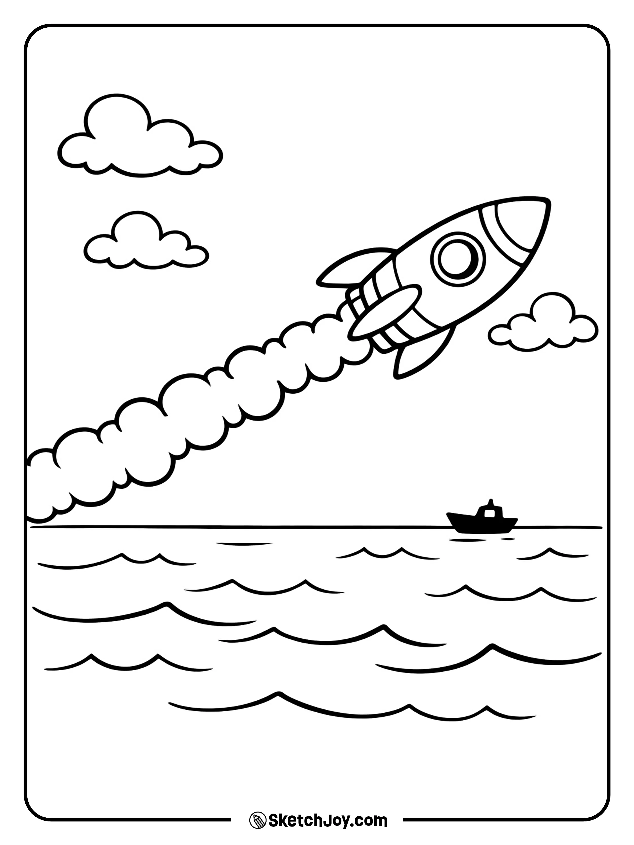 A space ship flies above simple waves and a tiny boat.