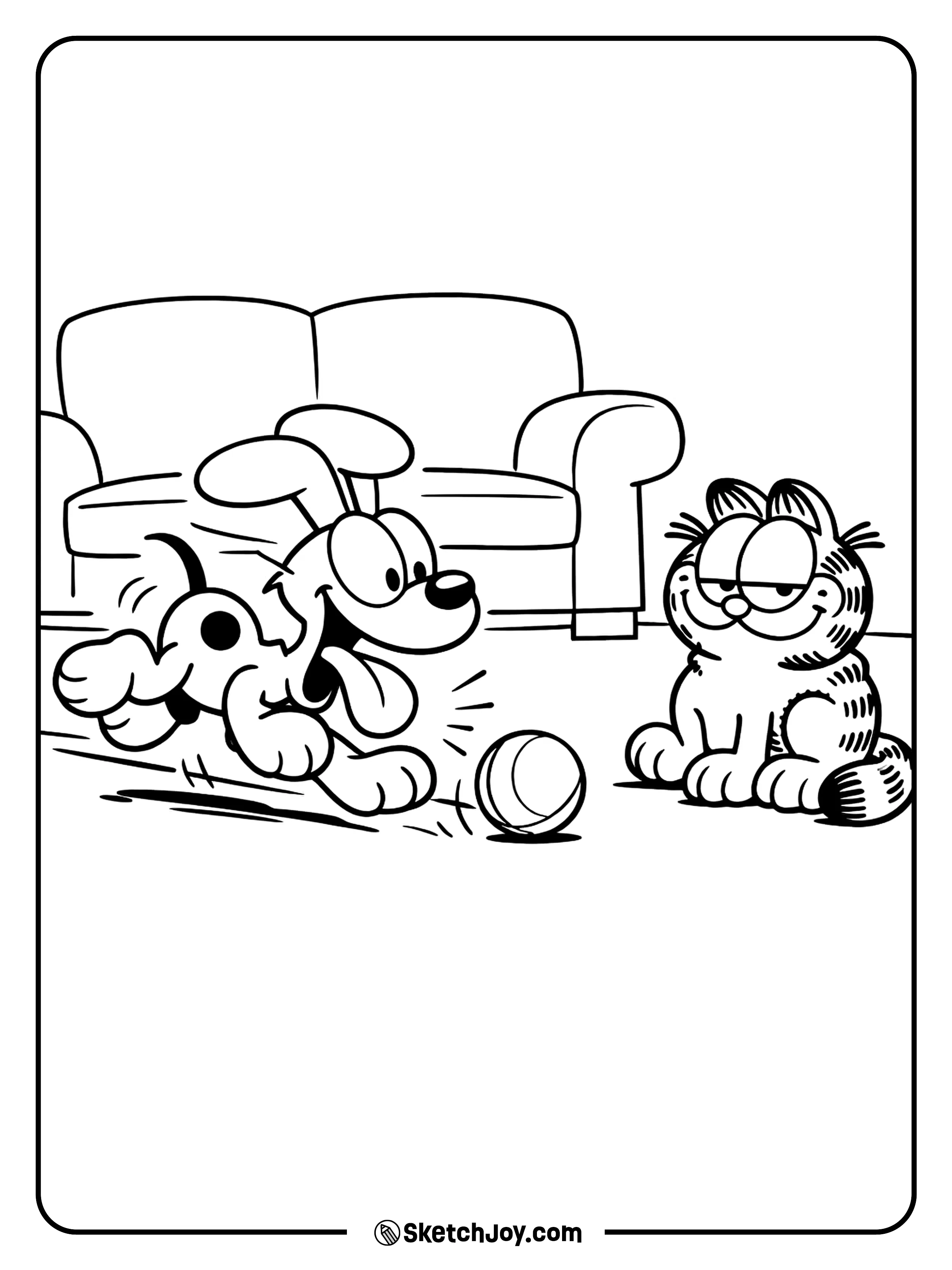 Odie runs after a ball while Garfield watches and smirks.