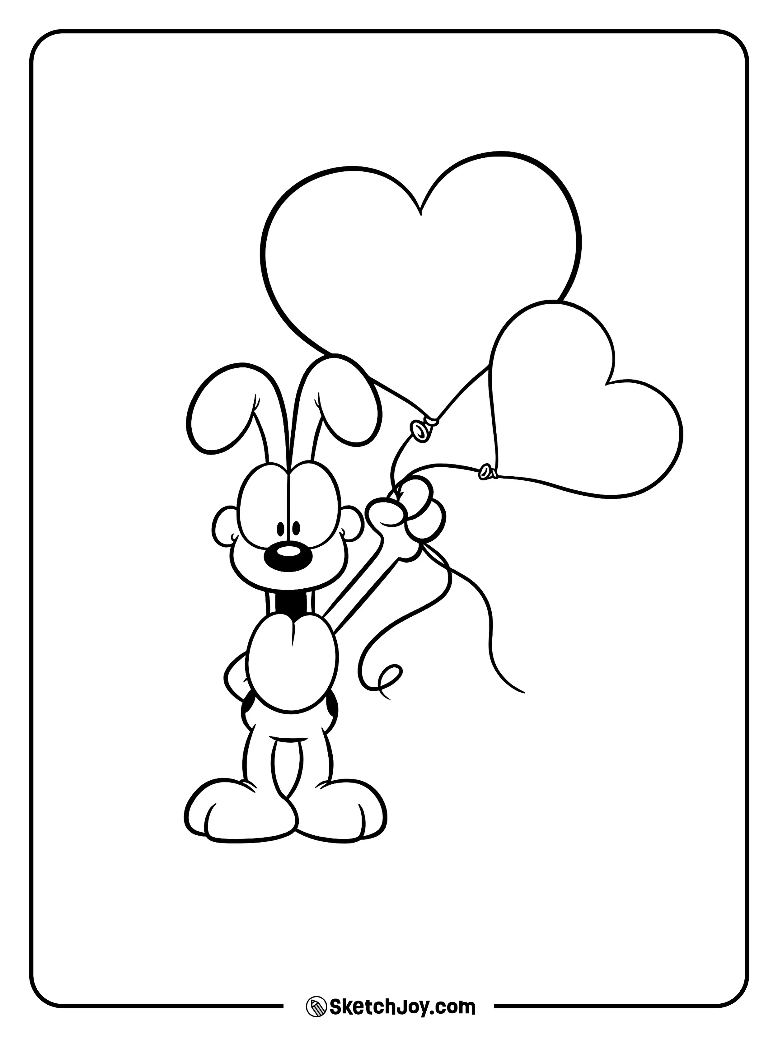 Odie stands tall holding two big heart balloons.