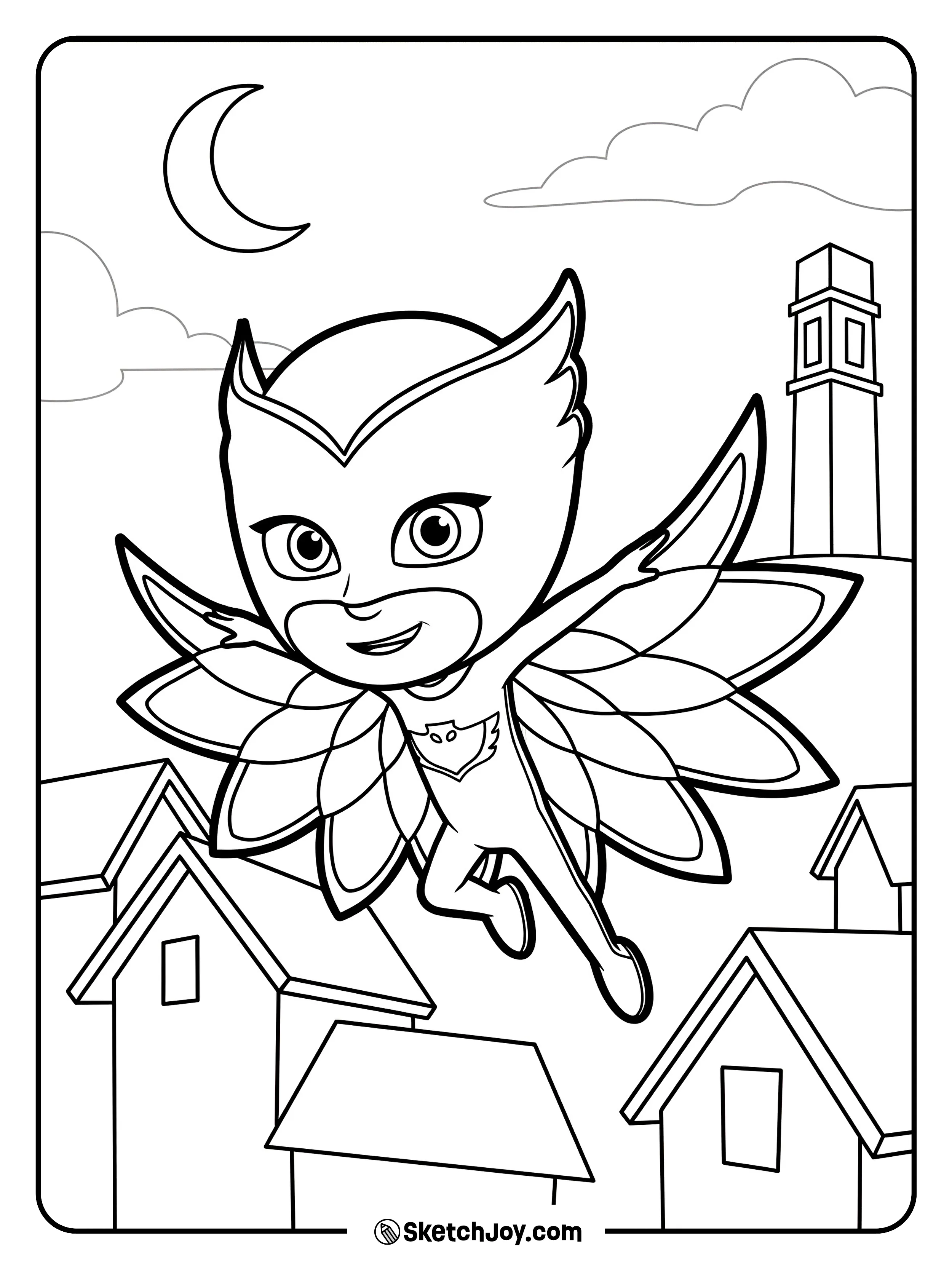 Owlette glides high above the quiet town.