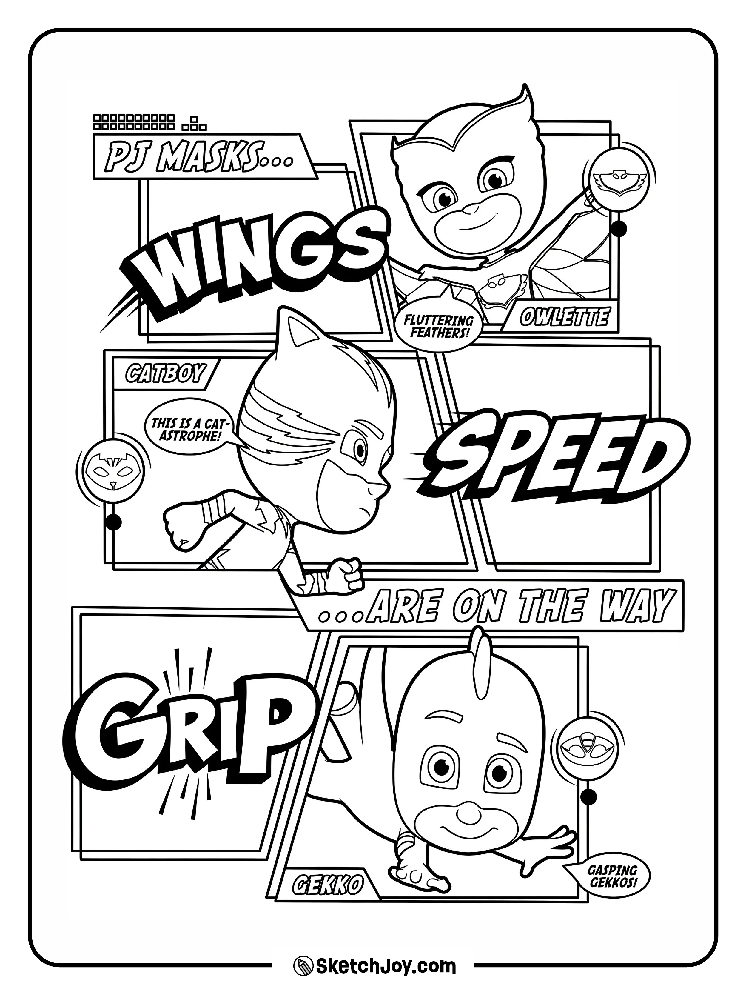 Owlette, Catboy, and Gekko appear in comic boxes with bold action words.