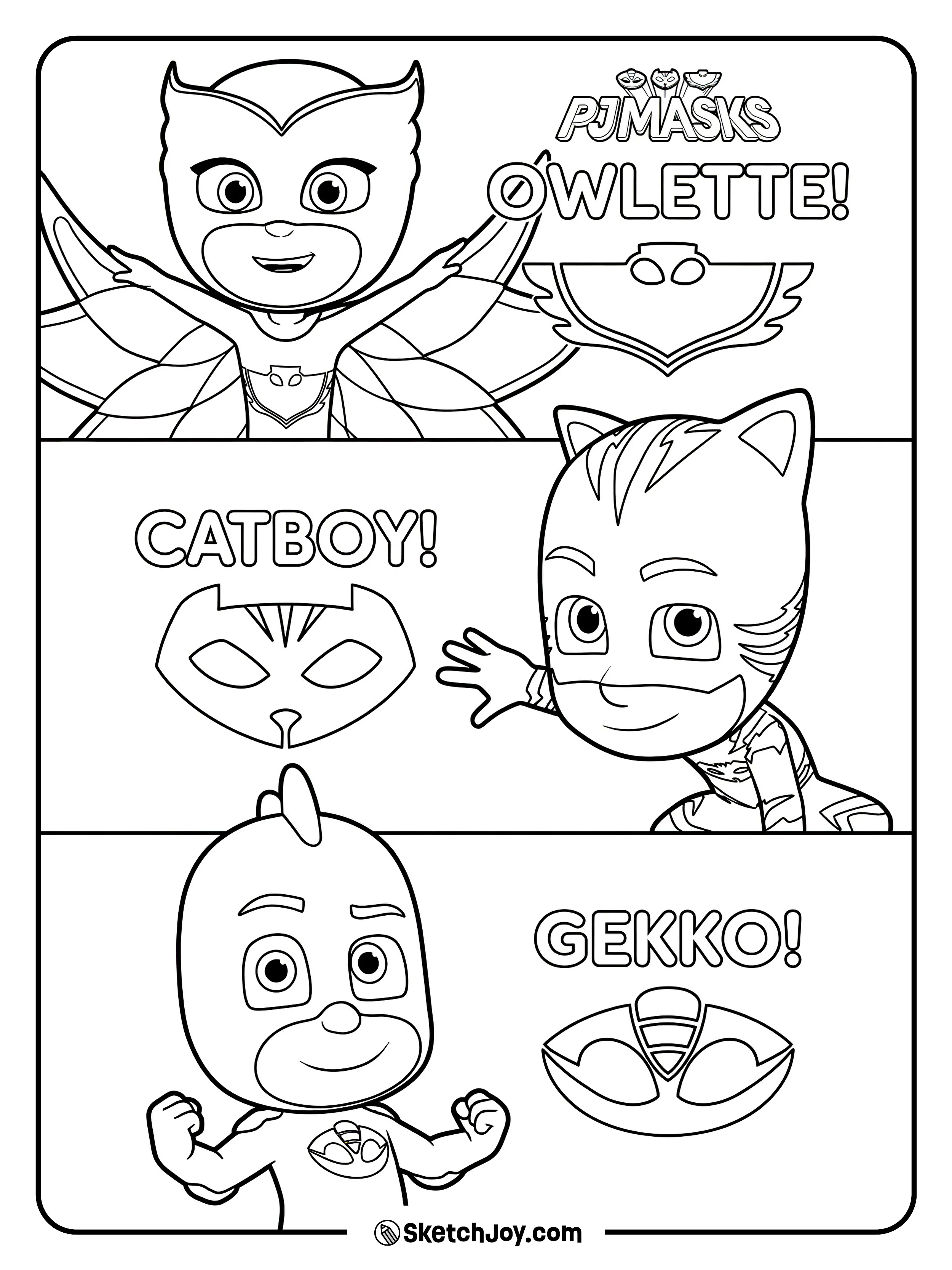 Owlette, Catboy, and Gekko appear with their names and mask symbols.