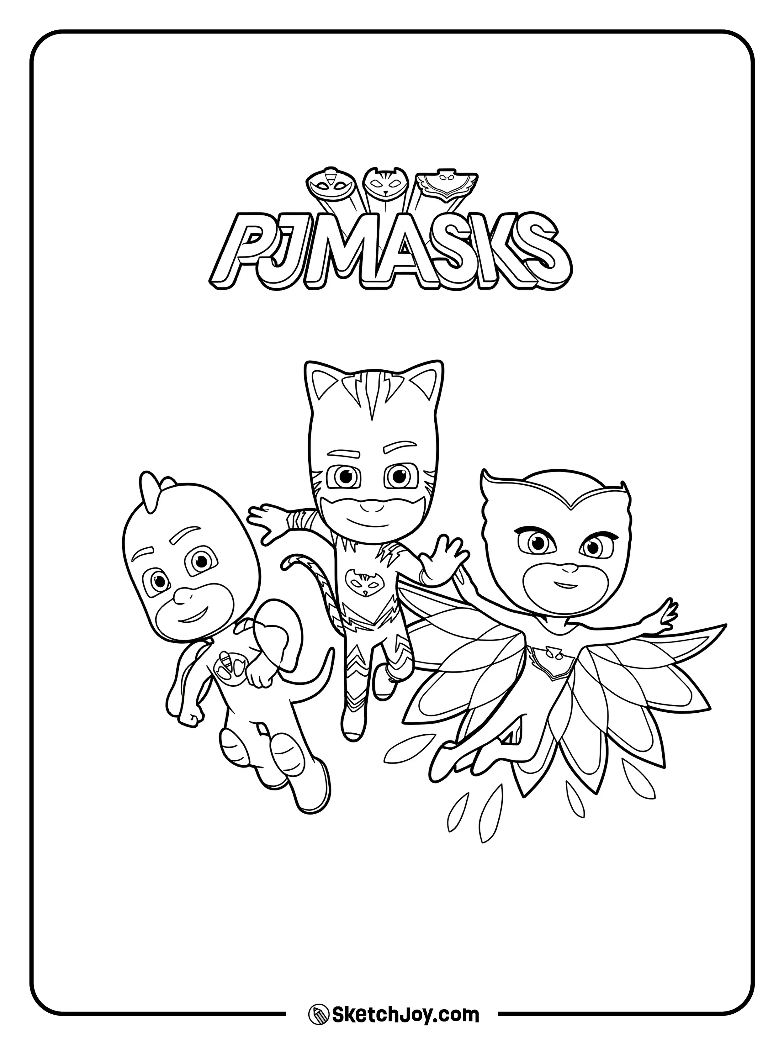 Catboy, Owlette, and Gekko fly together under the PJ Masks logo.