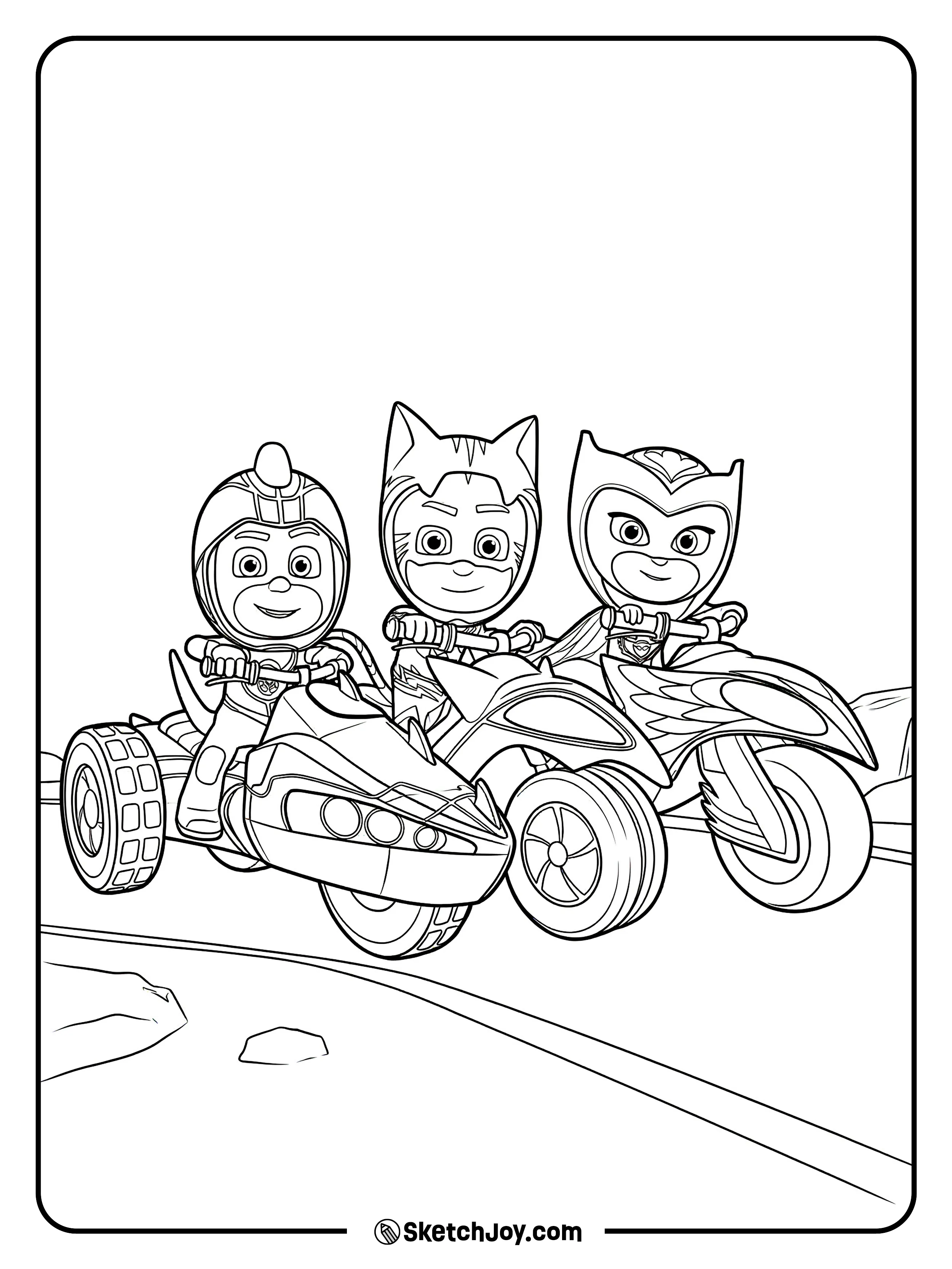 Gekko, Catboy, and Owlette ride their cool rides side by side on the road.