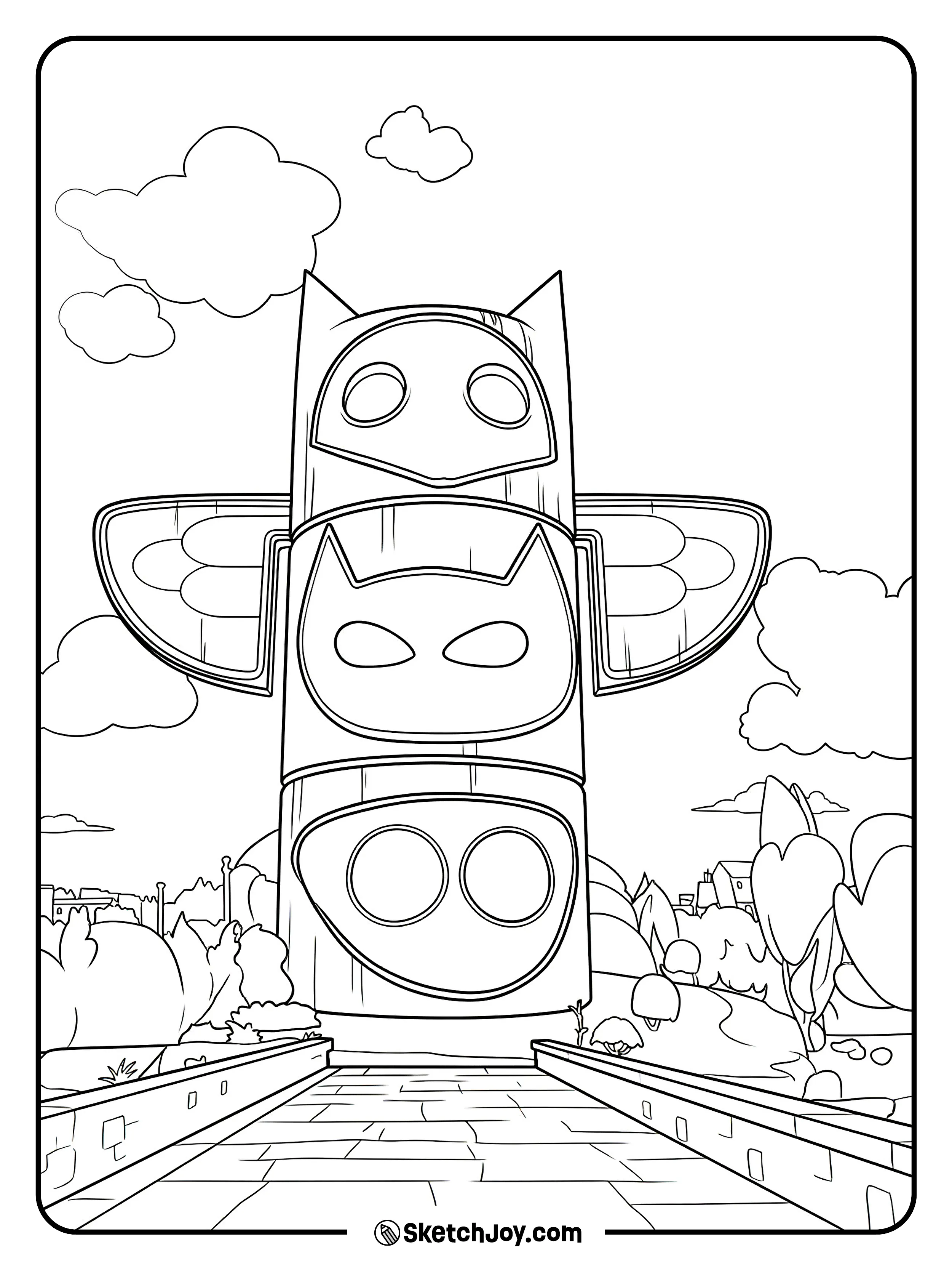 A tall tower shows PJ Masks symbols, standing on a path with clouds and trees.