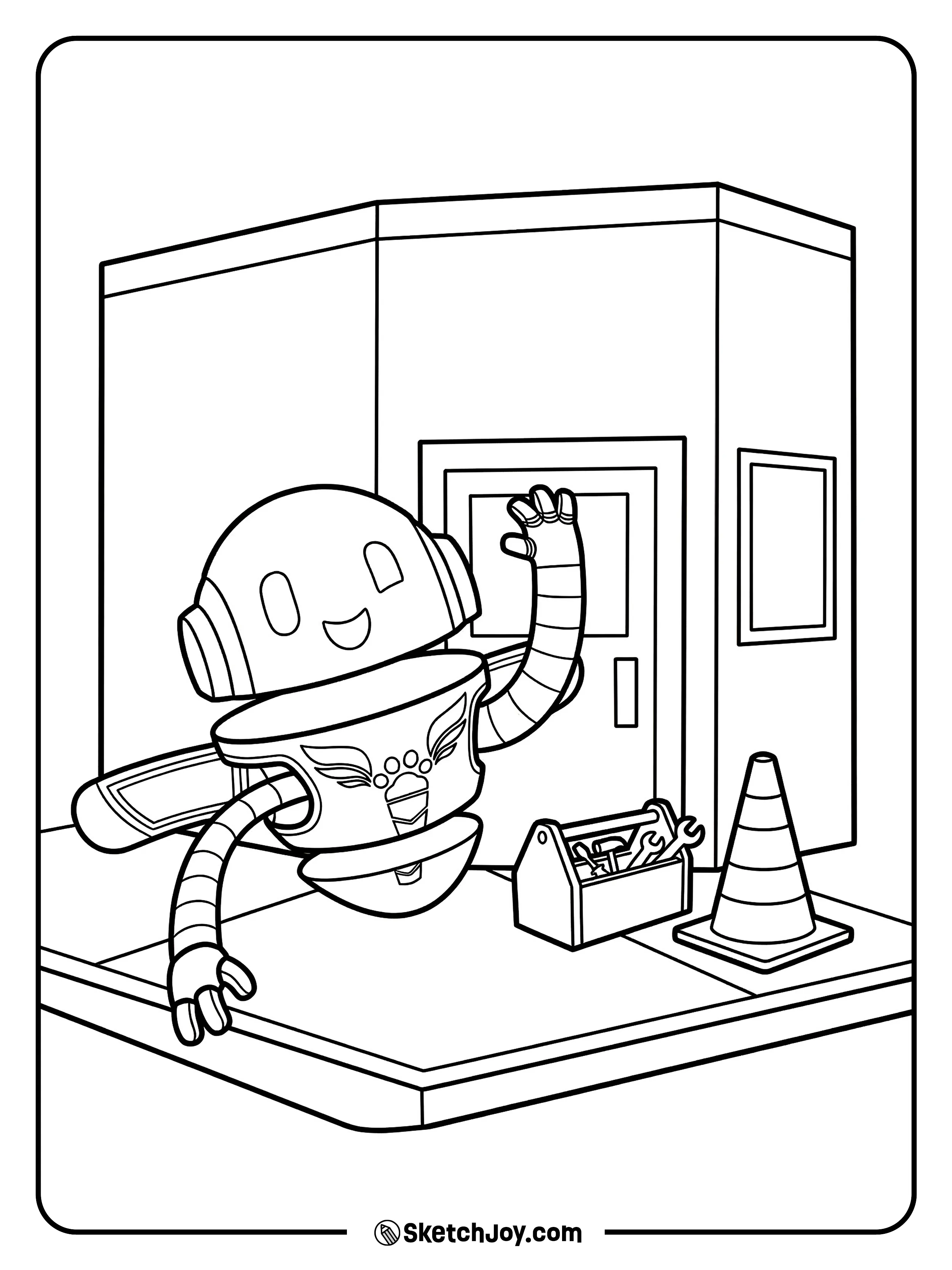 PJ Robot rolls in with a tool box to help.