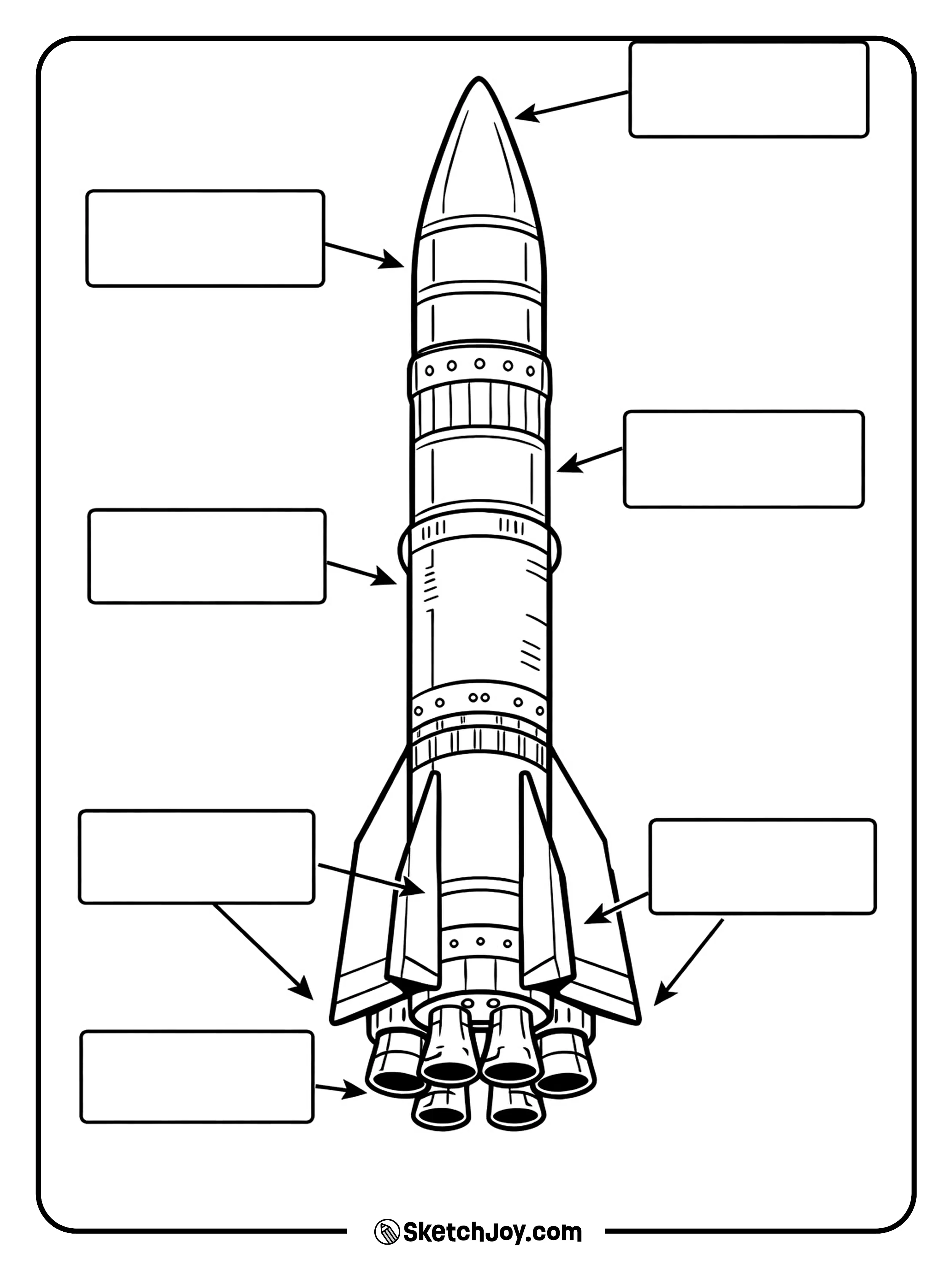 A space ship is shown with blank label boxes and arrows.