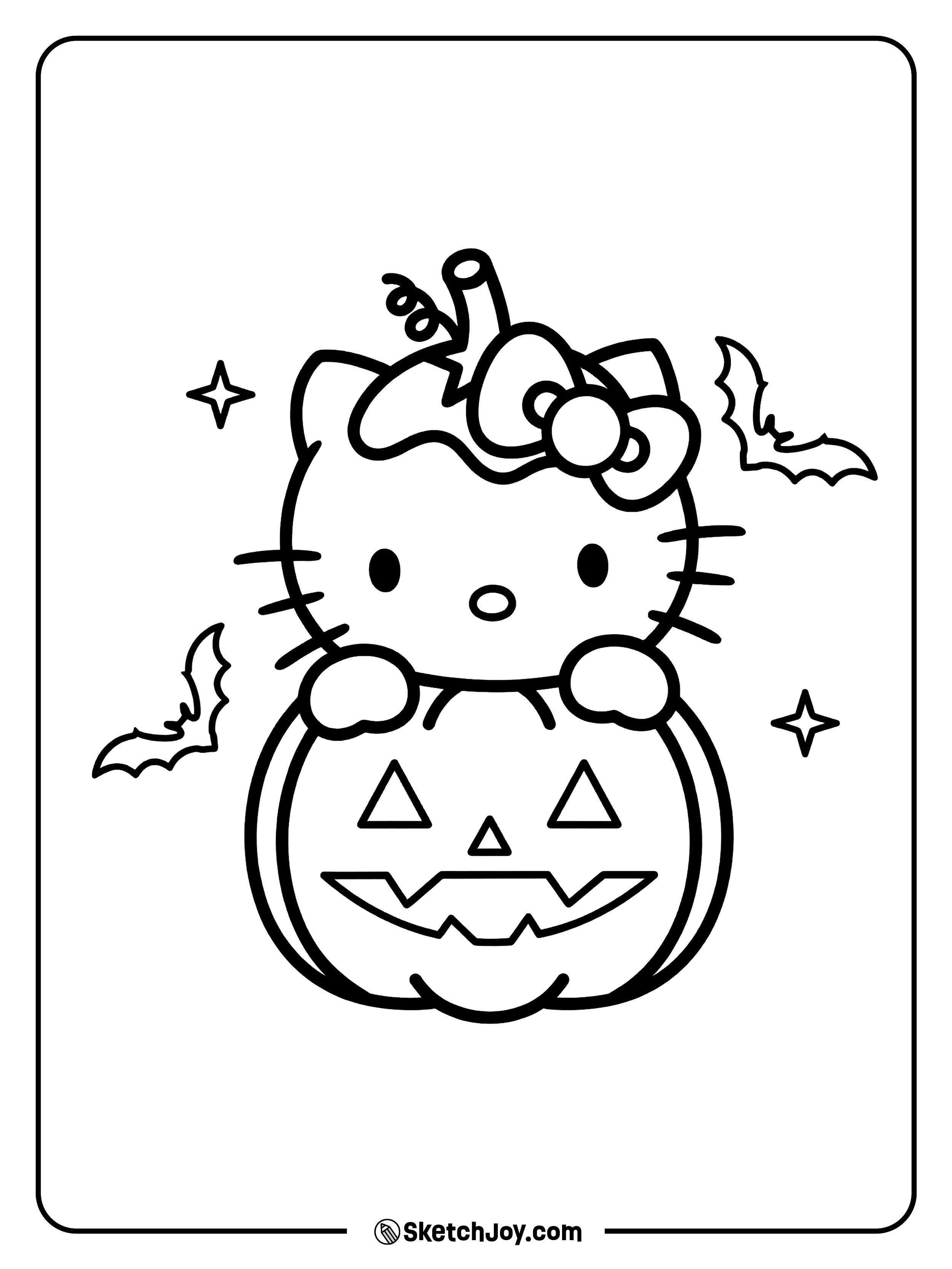 Hello Kitty peeks out from a jack-o-lantern with bats in the sky.