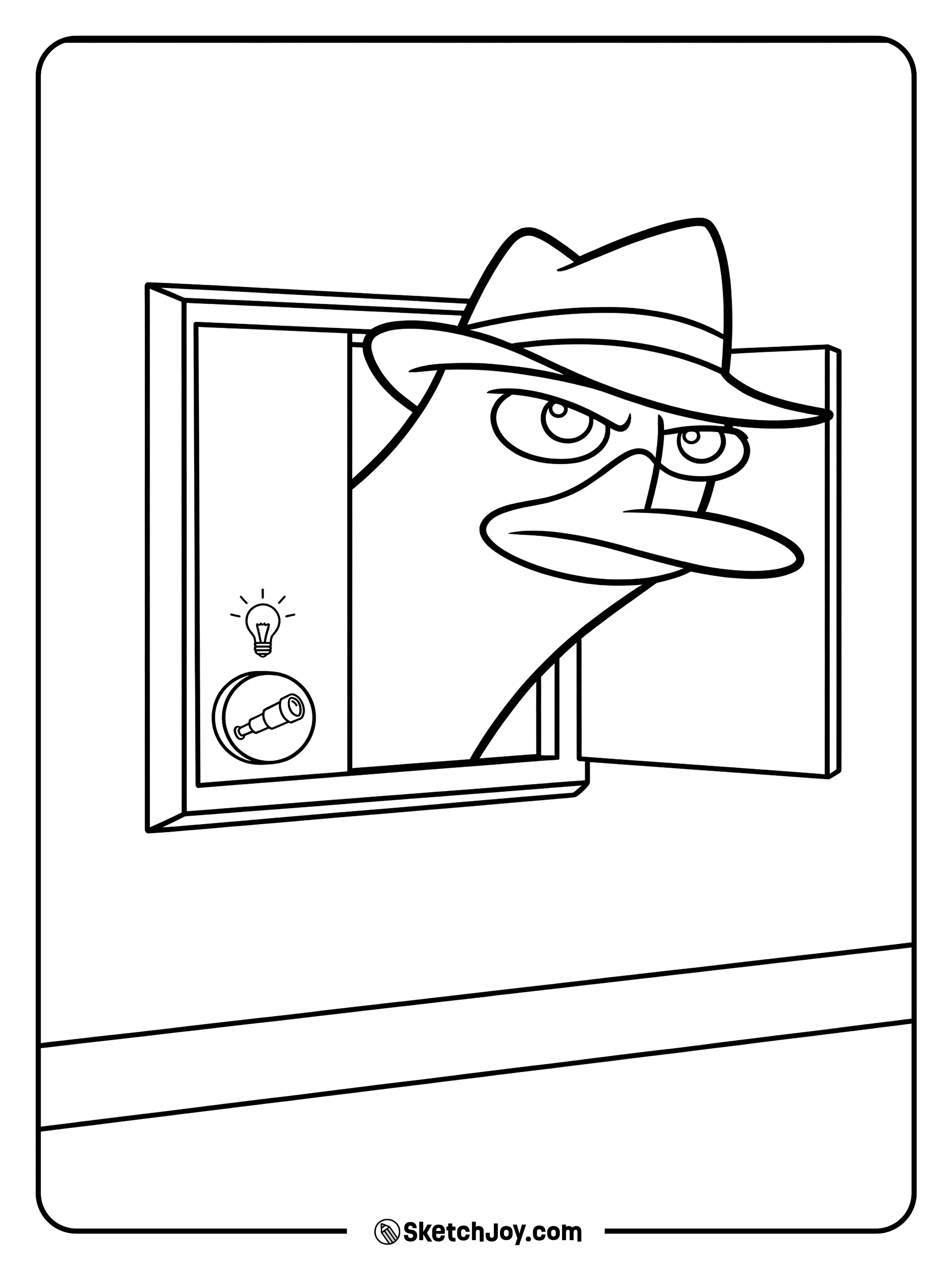 Perry peeks out from a hidden panel like a spy.