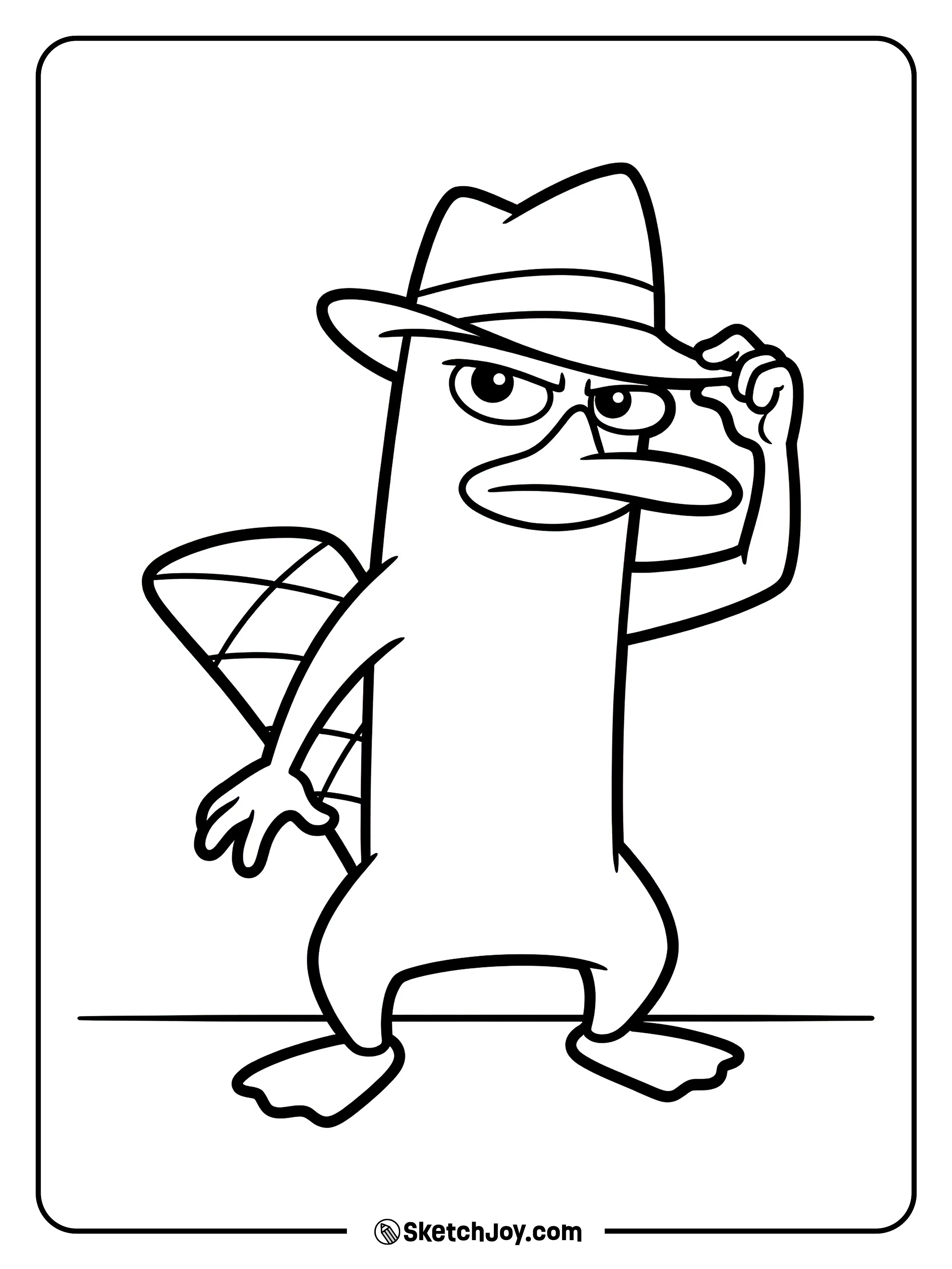 Perry tips his hat like a cool spy greeting.