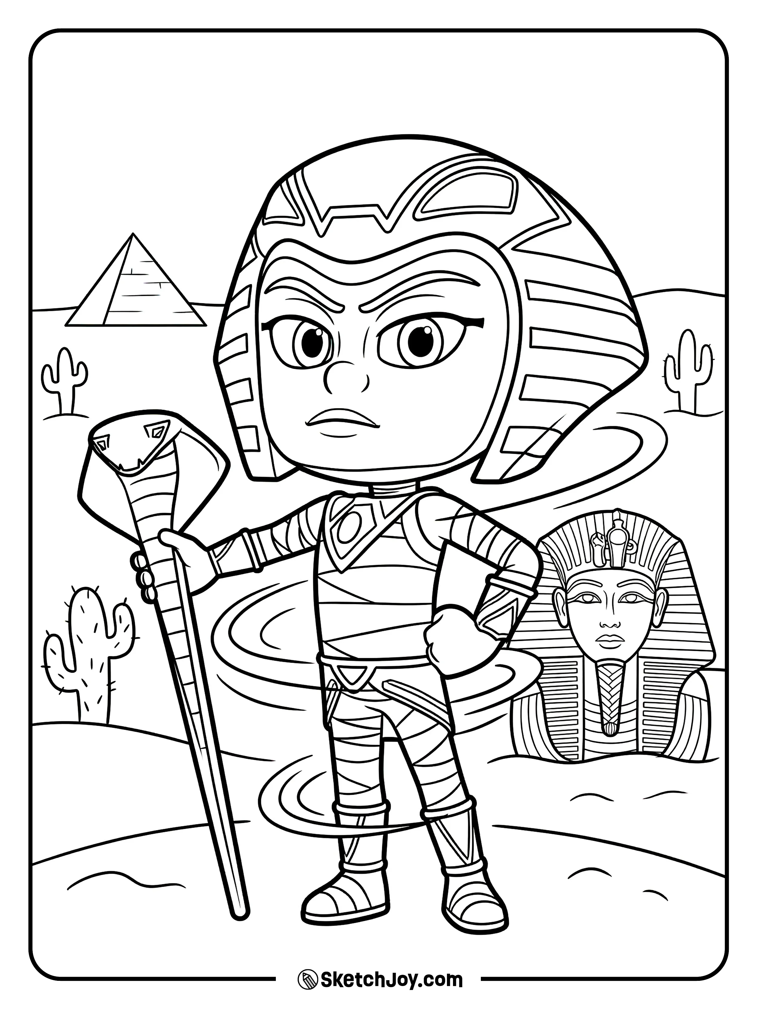 Pharaoh Boy raises a swirl of sand near a statue.