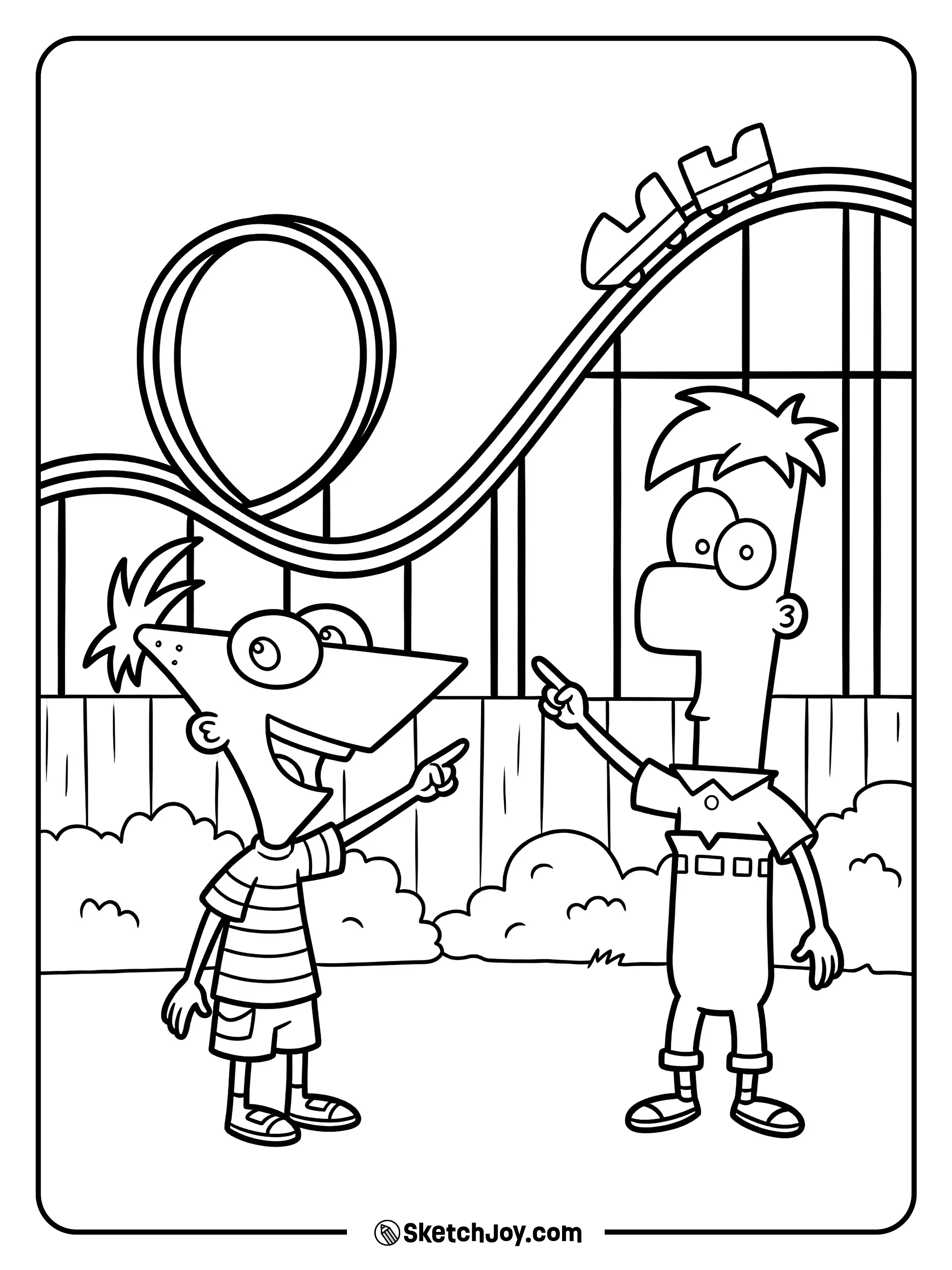 Phineas and Ferb cheer as a small roller coaster track loops behind them.