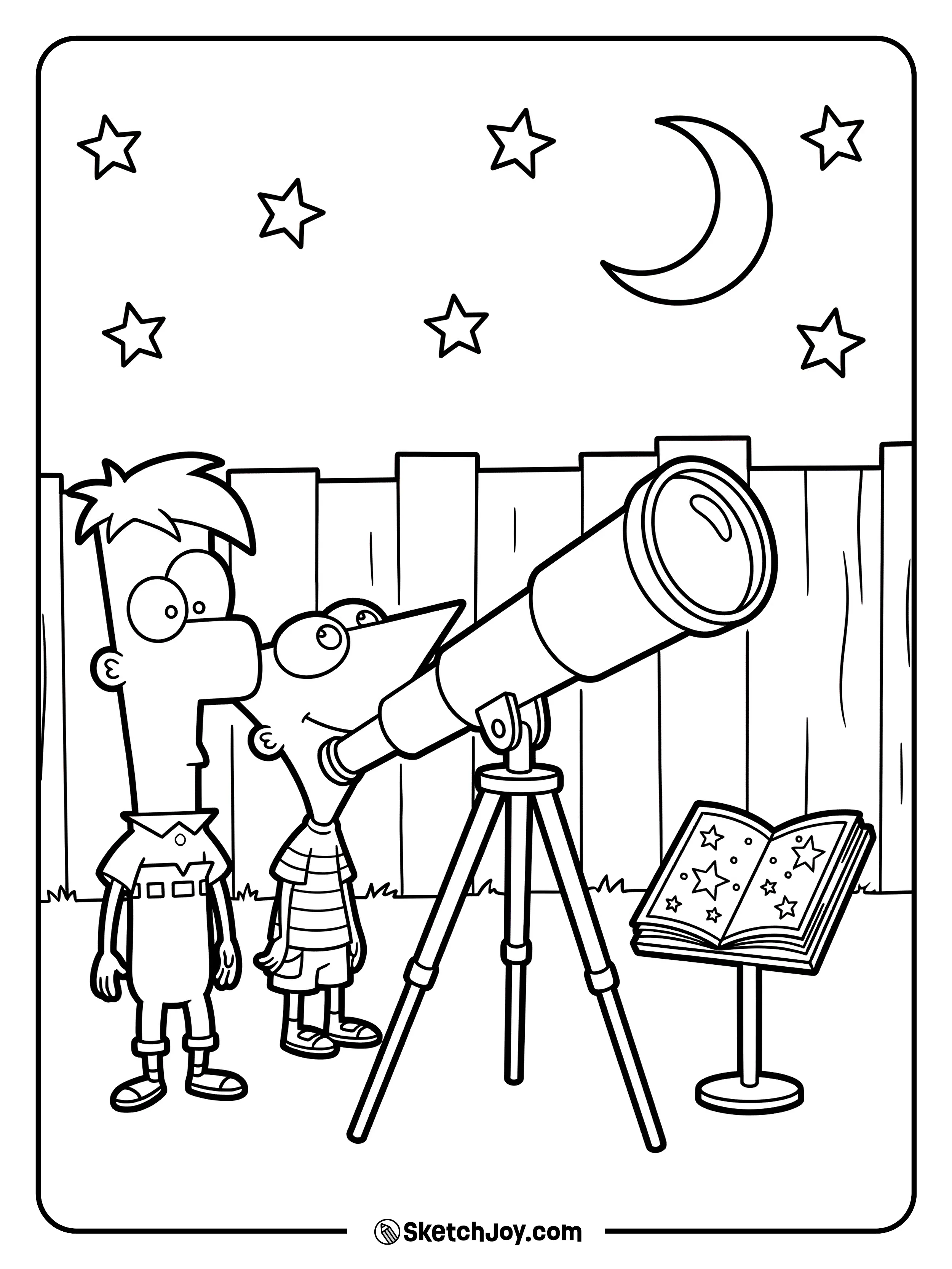 The boys stand by a big telescope aimed at the stars.
