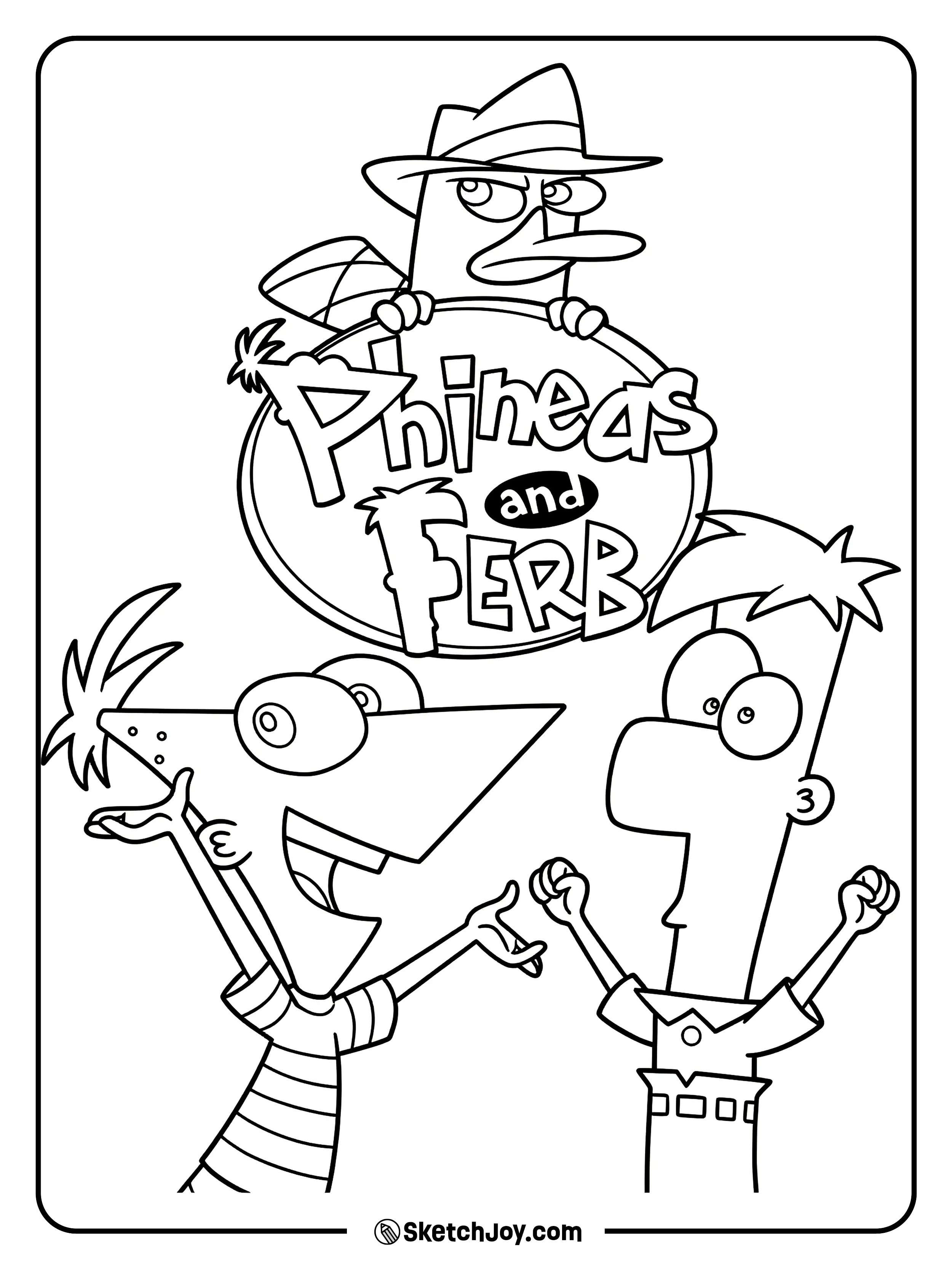 Perry peeks over the show logo while Phineas and Ferb smile below.