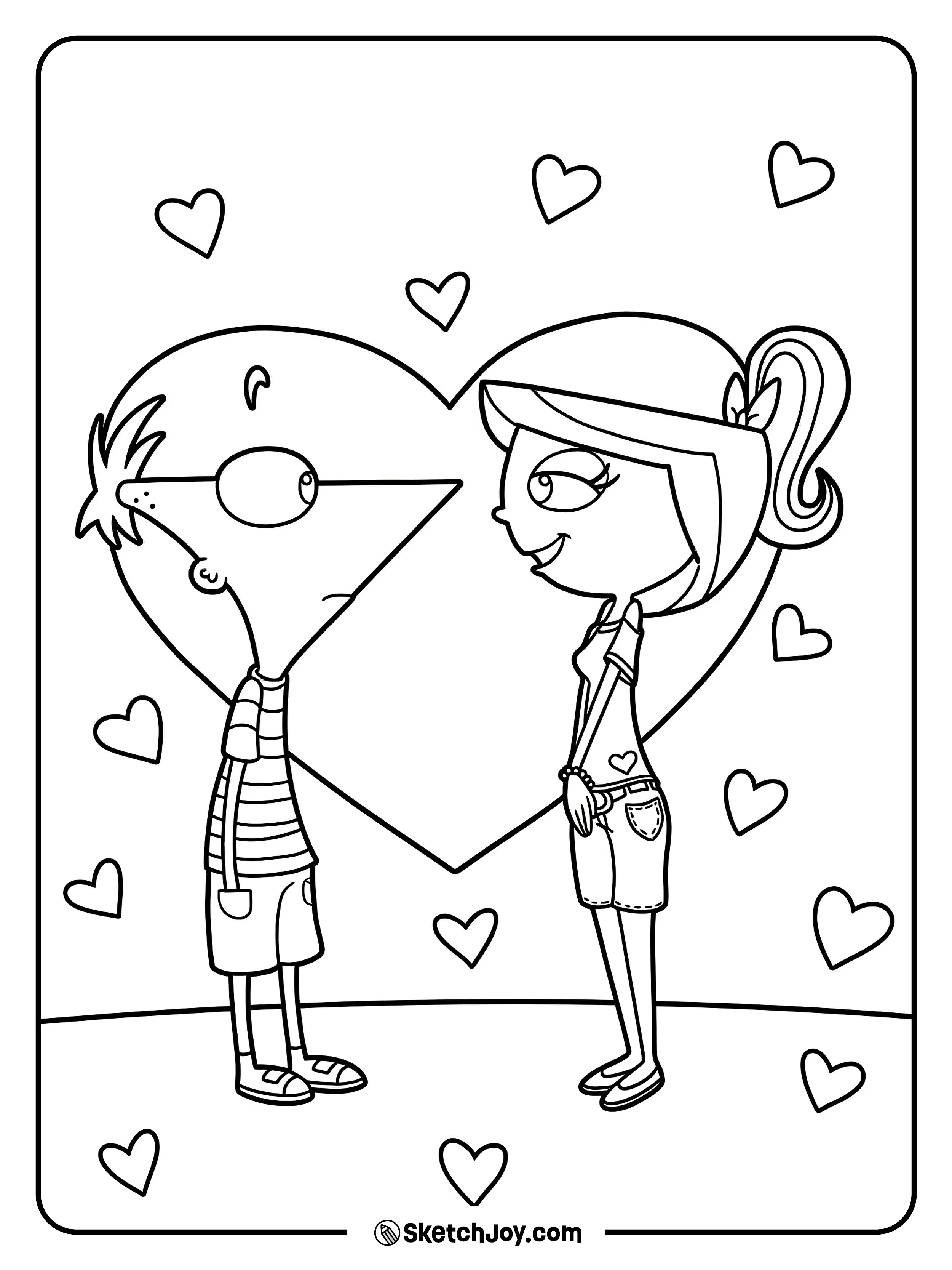 Phineas and Isabella smile at each other with hearts all around.