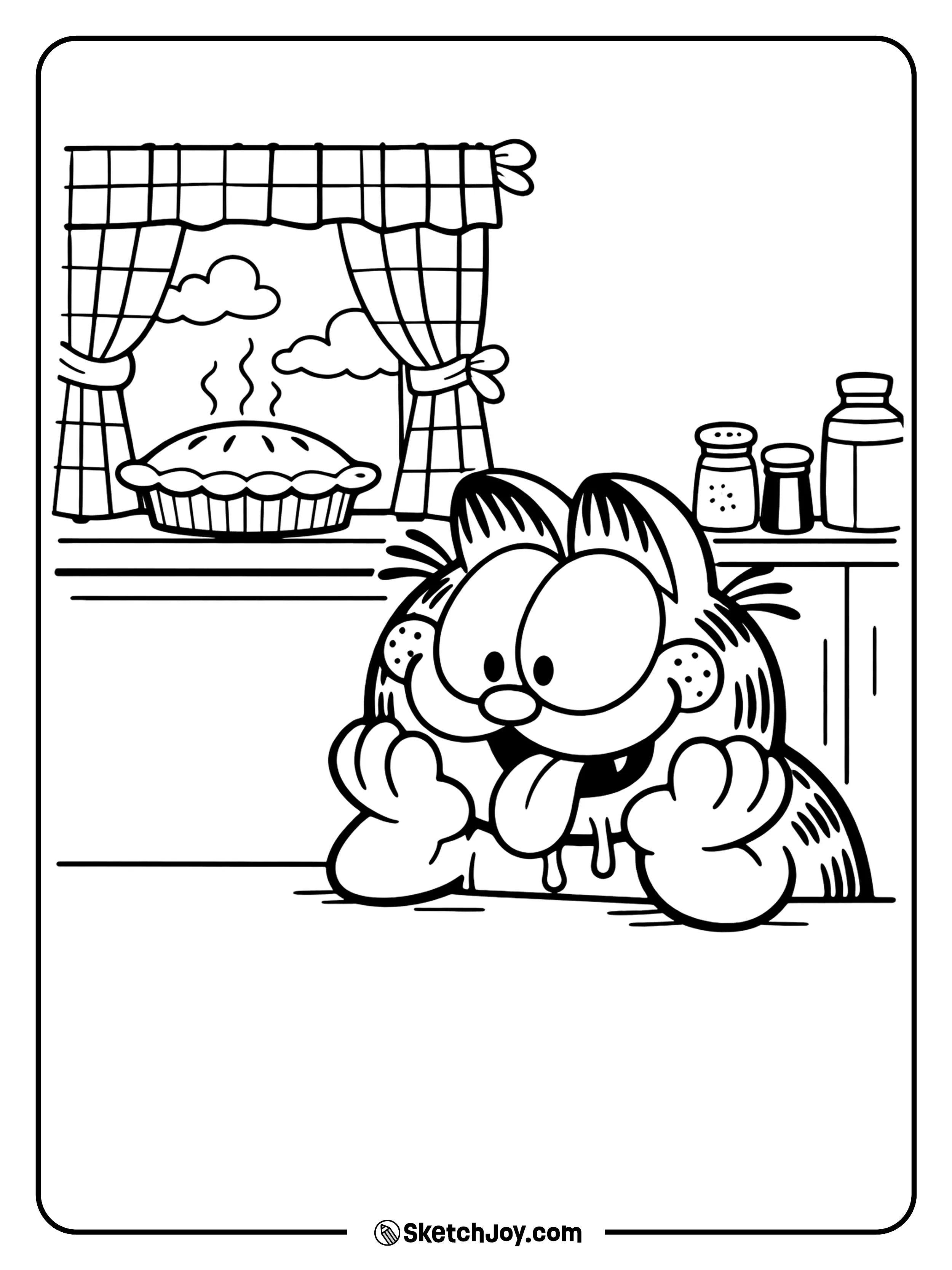 Garfield stares at a pie cooling by the window.