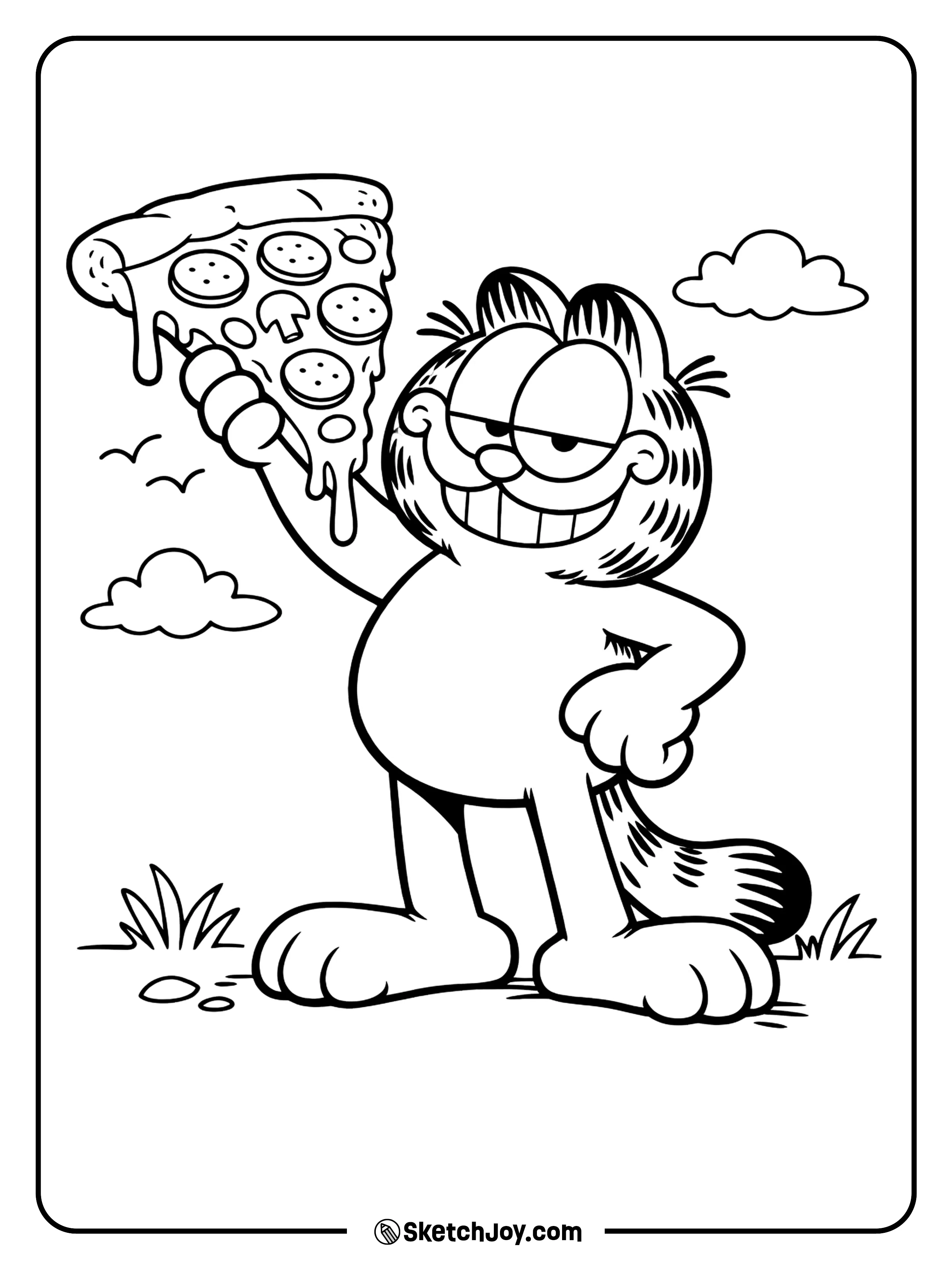 He holds up a pizza slice like a trophy.